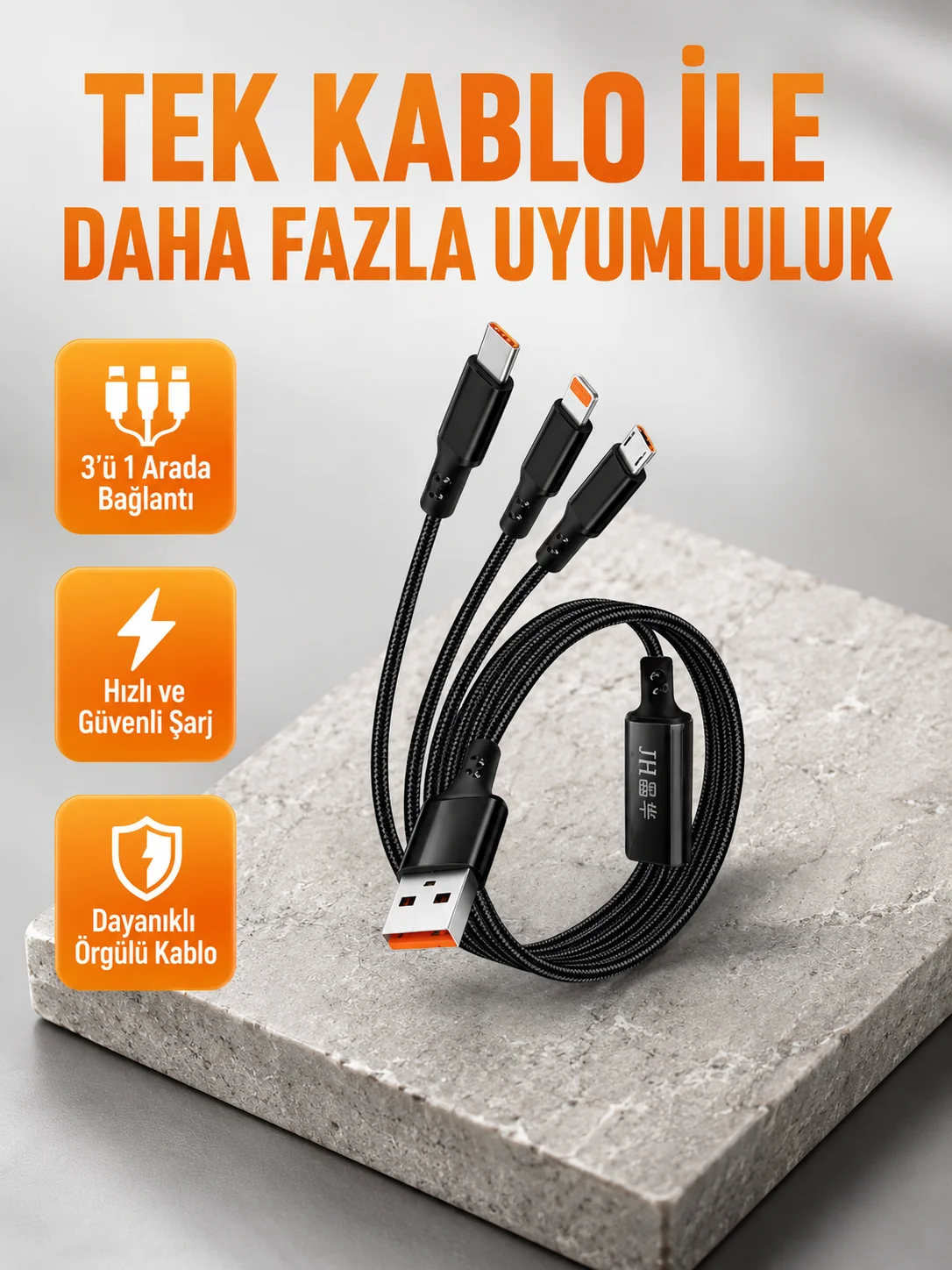3’ü 1 Arada Şarj Kablosu Type-C iOS Android Uyumlu Hızlı ve Güvenli Şarj