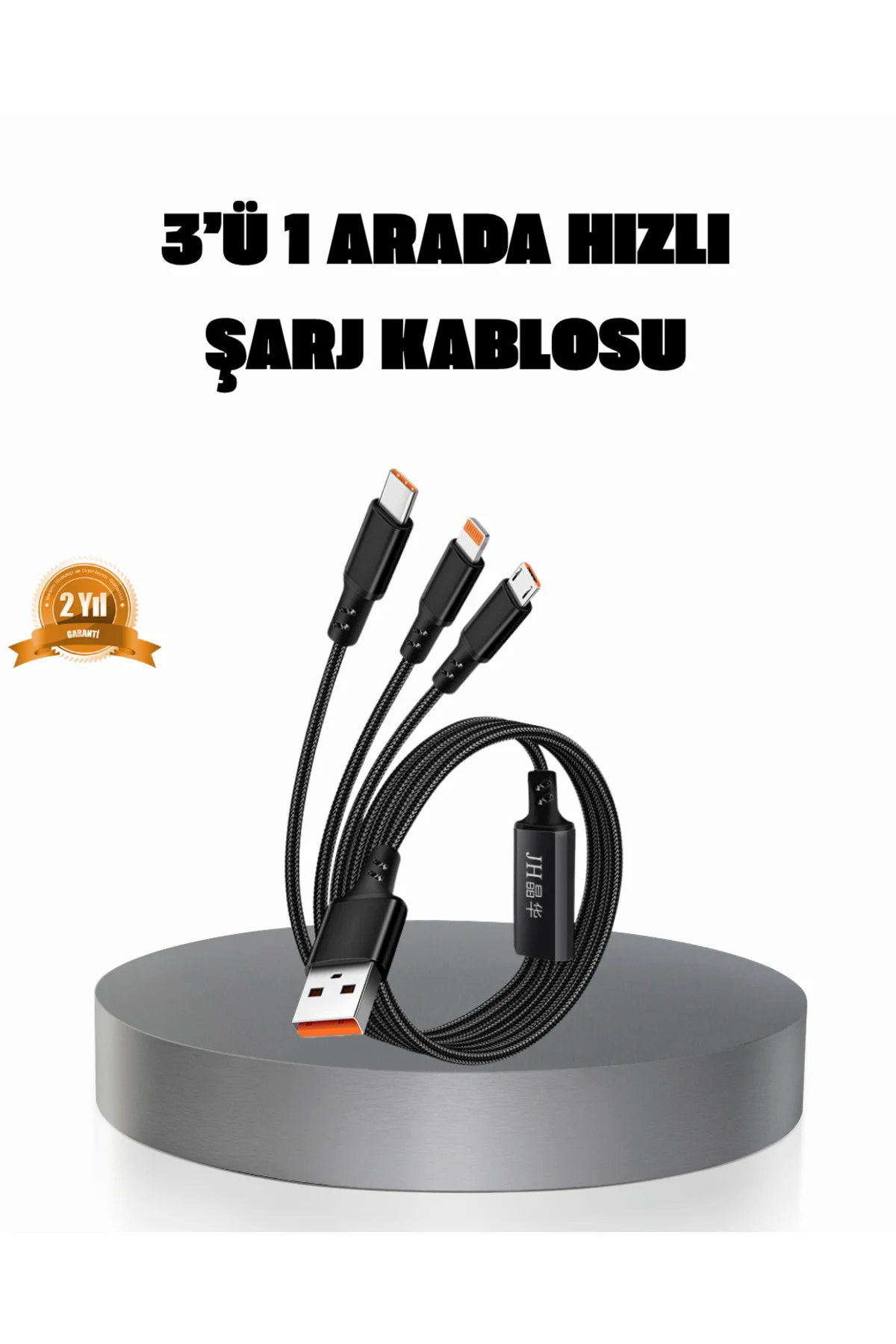 3’ü 1 Arada Şarj Kablosu Type-C iOS Android Uyumlu Hızlı ve Güvenli Şarj