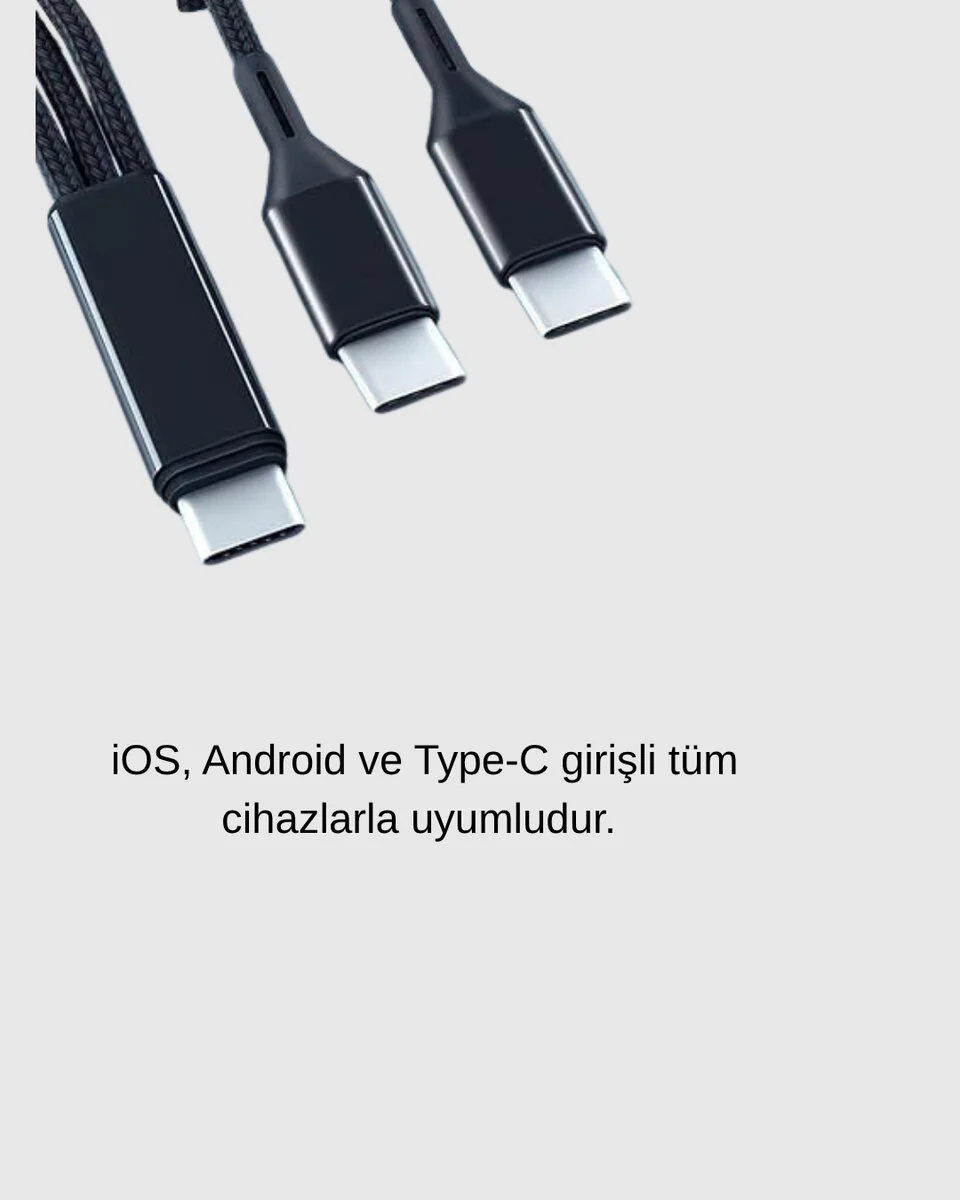 3’ü 1 Arada Şarj Kablosu - Hızlı ve Güvenli Tip-C Android iOS Uyumlu