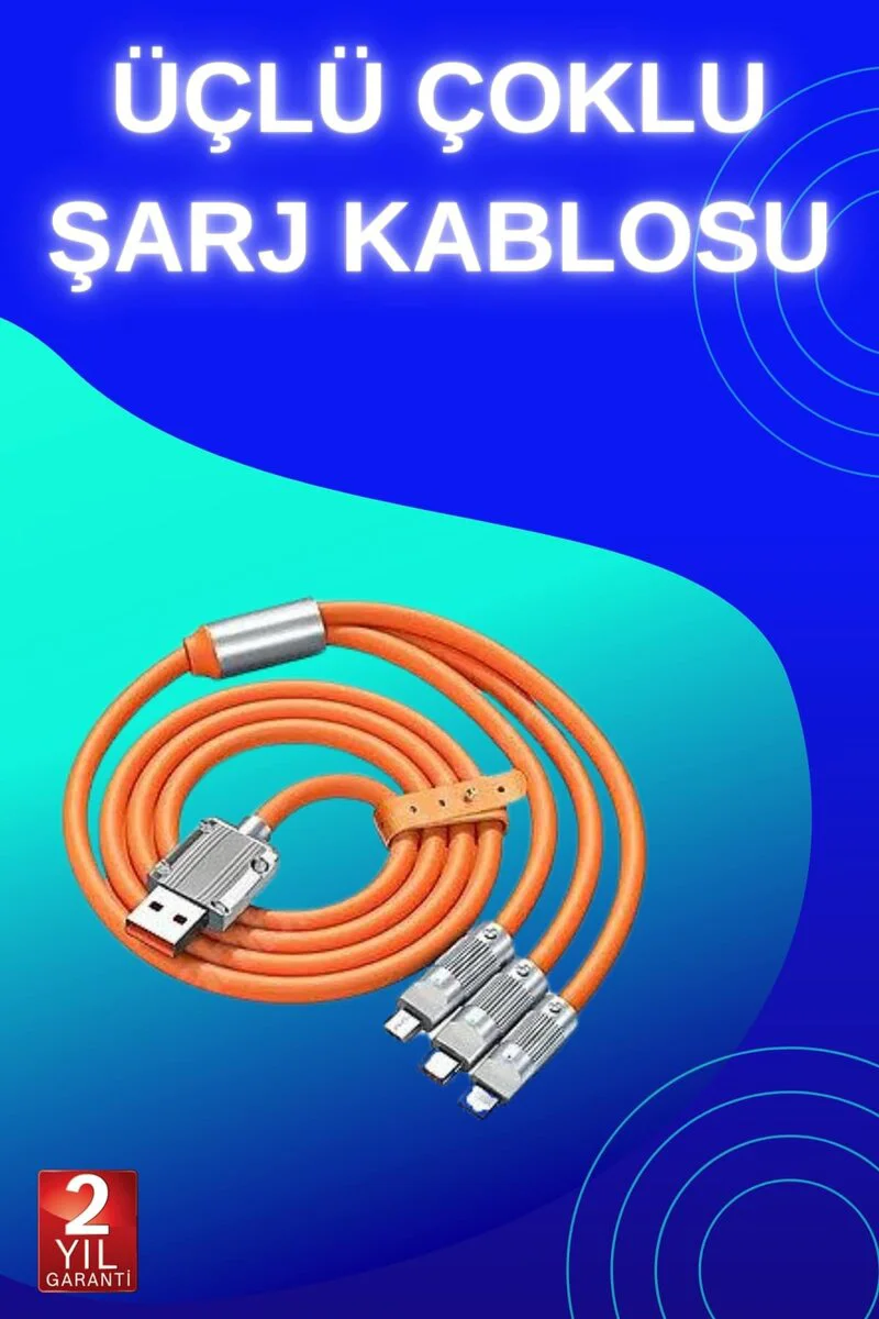 3'ü 1 Arada Süper Hızlı Şarj Kablosu - Android iOS Uyumlu Silikon
