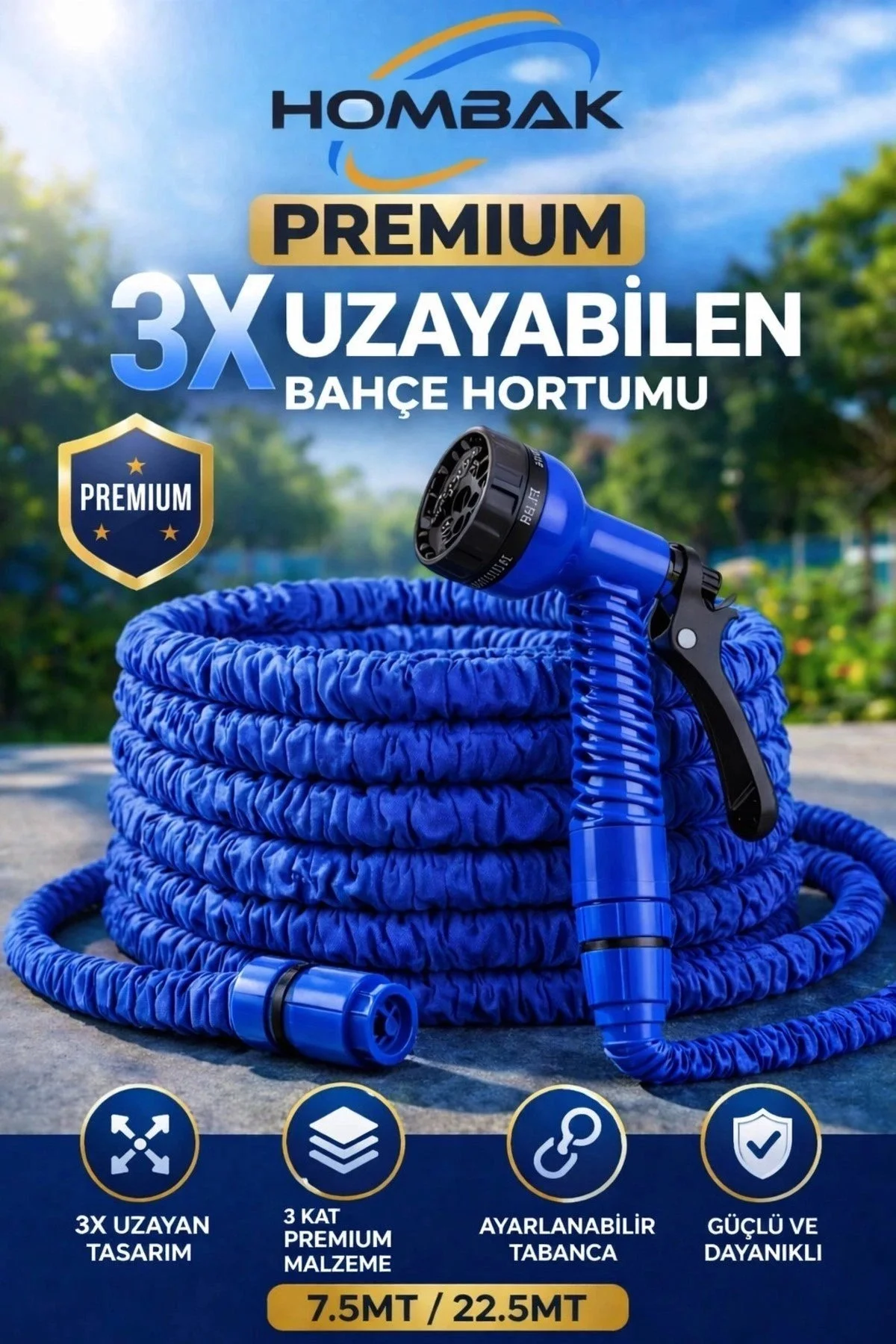 3X Uzayan Bahçe Hortumu 7.5-22.5 Metre Ayarlanabilir Tabancalı Premium Sulama Hortumu Mavi