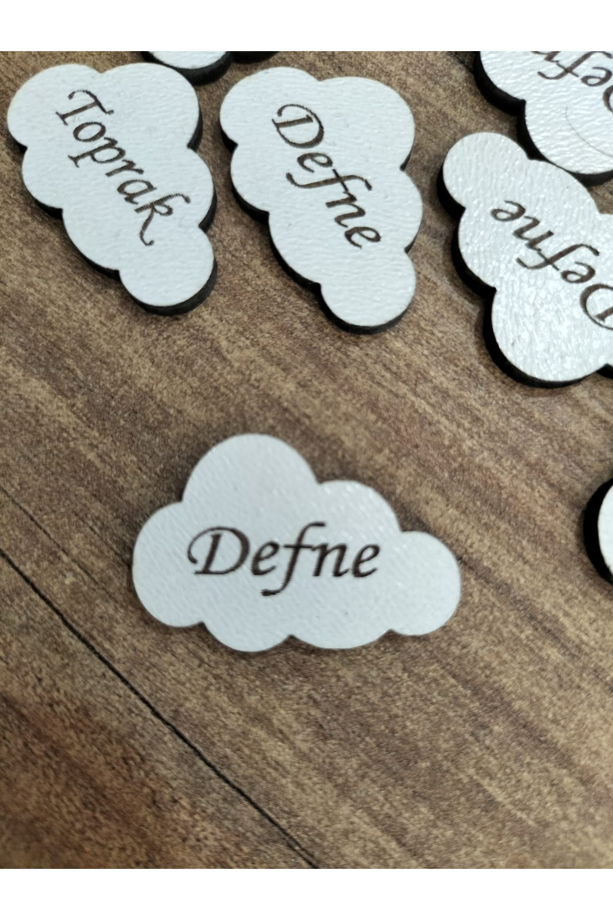 Leylaser 3X2 Cm Beyaz Ahşap Lazer Kesim Bulut Etiket İsimlik 50 Adet