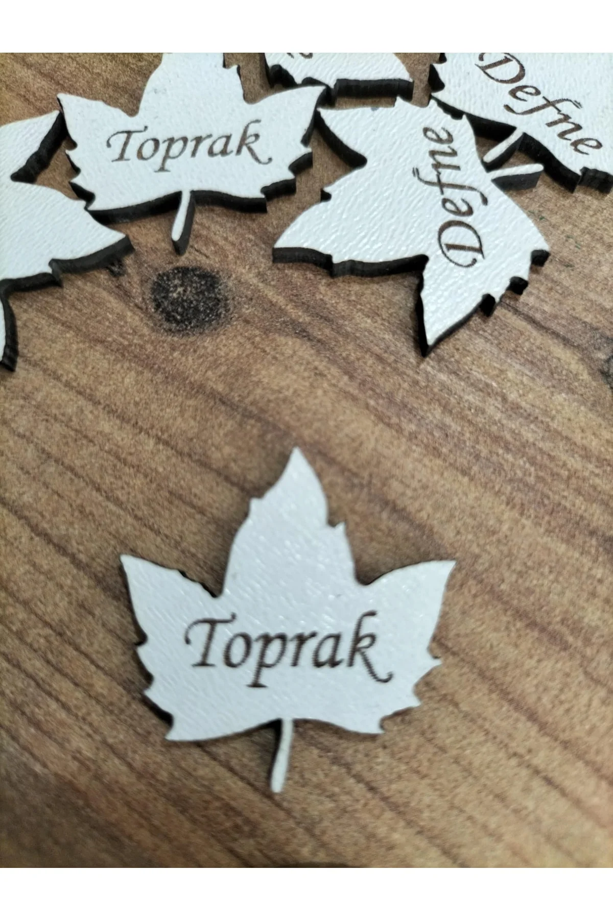 3x3 Cm Beyaz Ahşap Lazer Kesim Yaprak Figürlü Etiket Isimlik 50 A