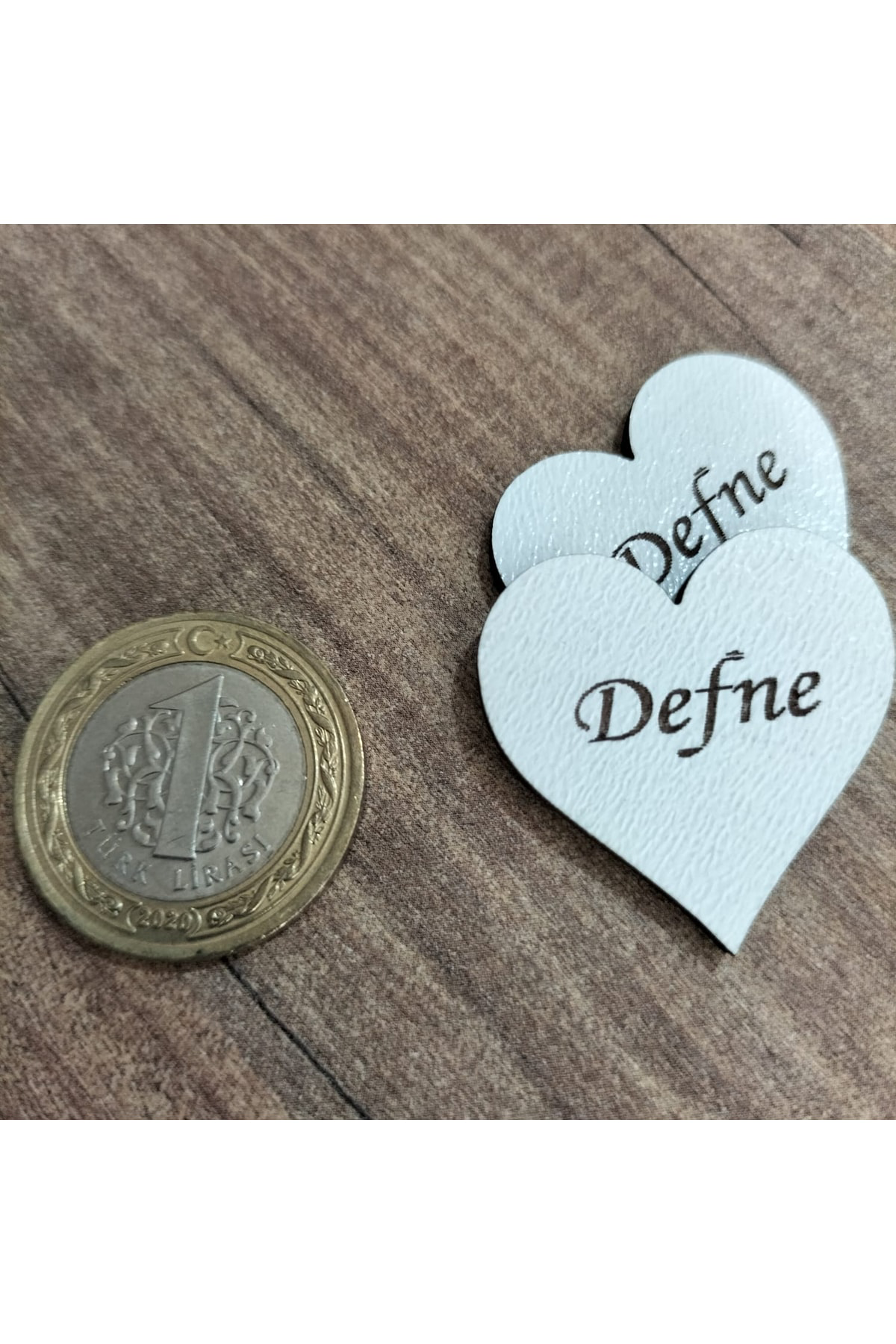 Leylaser 3X3 Cm Beyaz Ahşap Lazer Kesim Kalp Figürlü Etiket İsimlik 50 Ade