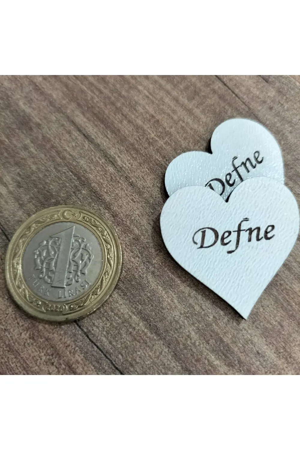 Leylaser 3X3 Cm Beyaz Ahşap Lazer Kesim Kalp Figürlü Etiket İsimlik 50 Ade