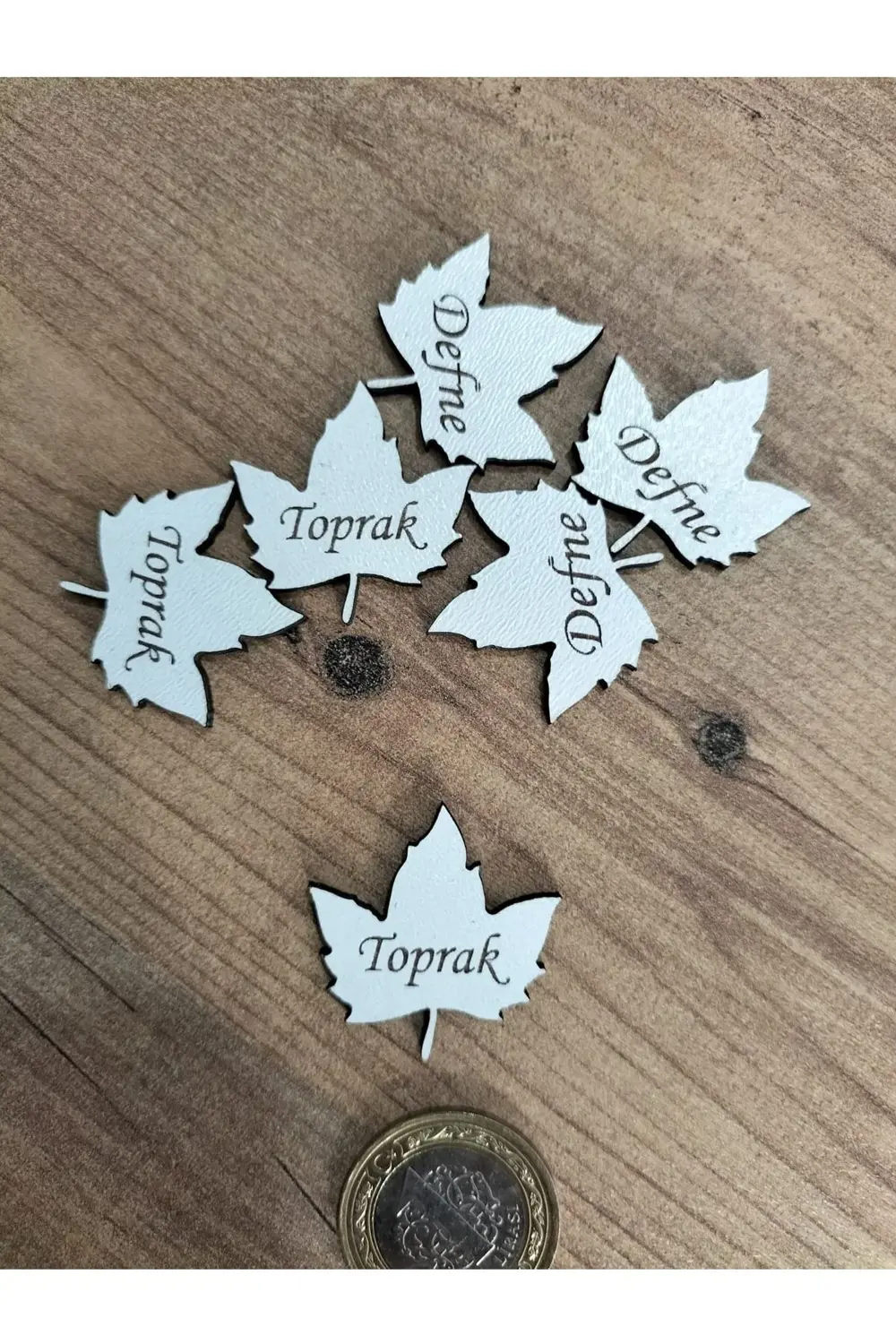 Leylaser 3X3 Cm Beyaz Ahşap Lazer Kesim Yaprak Figürlü Etiket İsimlik 50 A