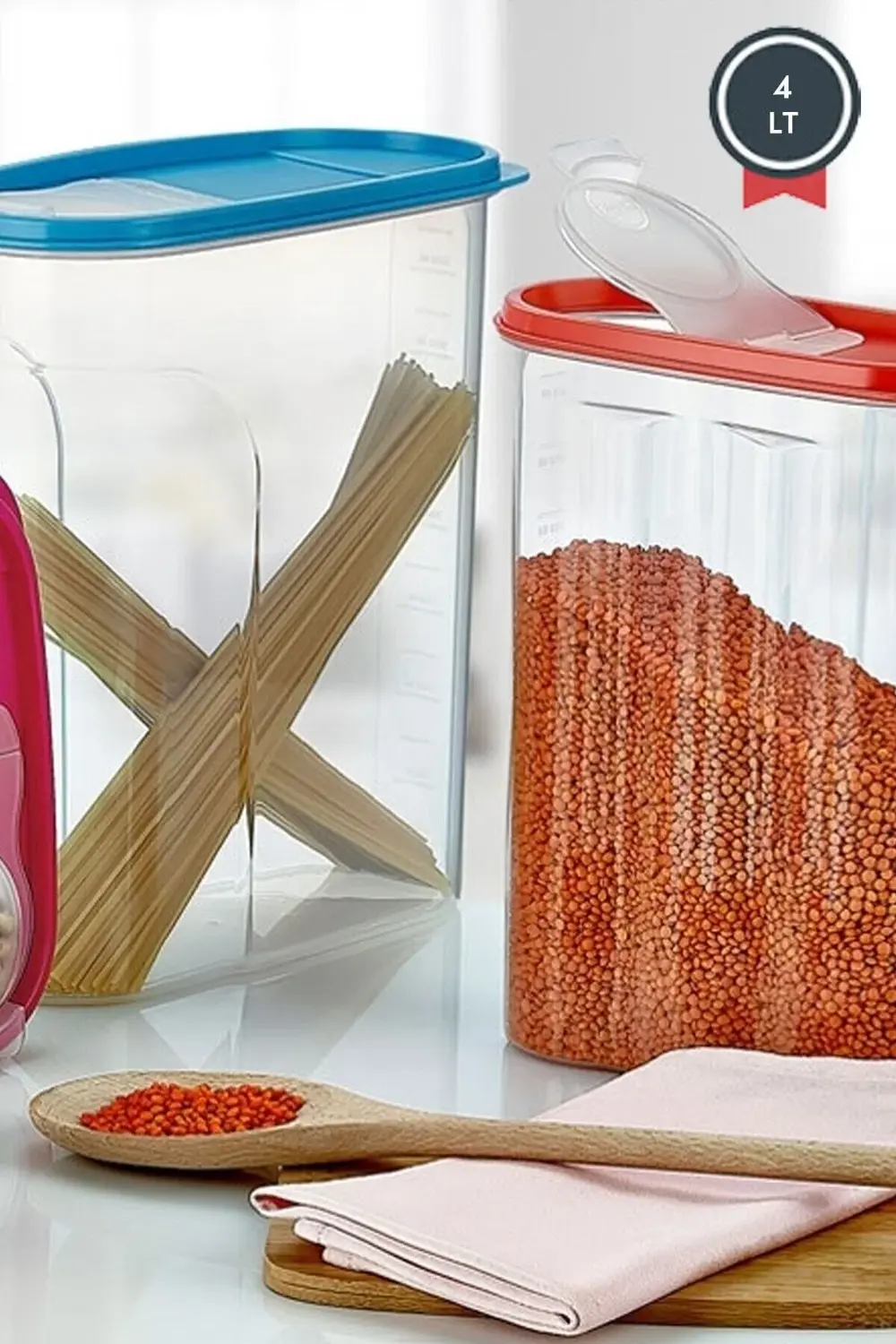 4 Adet 4 Lt Erzak Kabı, Pratik Erzak Saklama Kabı Kapaklı Ölçekli