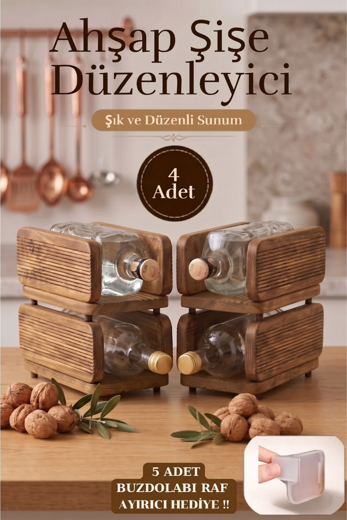 4 Adet Ahşap Buzdolabı Şişe Düzenleme Organizeri Mutfak Şişe Düzenleyici