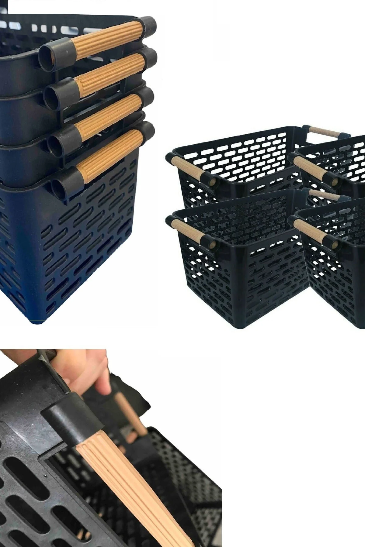 4 Adet Ahşap Renk Plastik Saplı Organizer Sepet Düzenleyici (SİYAH) Plastik Siyah