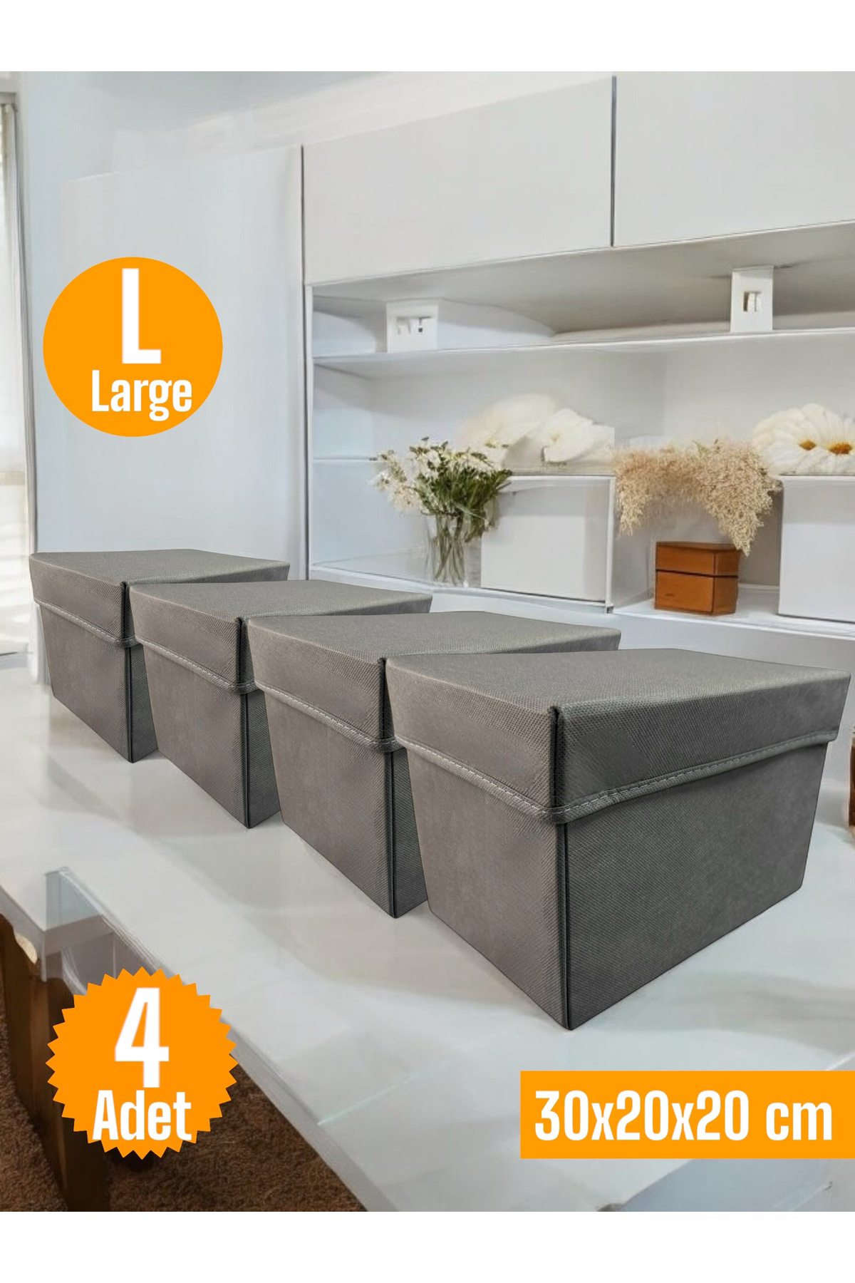 4 Adet Antrasit Kapaklı Dolap İçi Düzenleyici Kutu Çok Amaçlı Sak