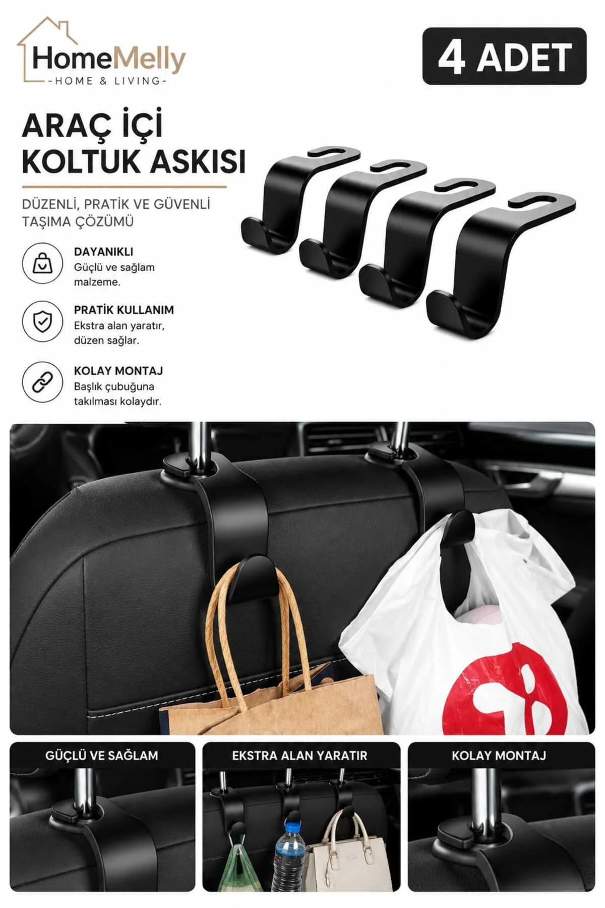 4 Adet Araba Koltuk Arkası Askı , Çok Amaçlı Plastik Askı Organizer