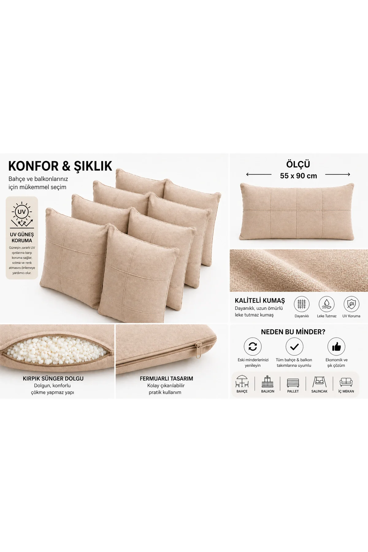 4 Adet Bahçe Balkon Minderi 55x90 cm Cappuccino – Fermuarlı Kırpı