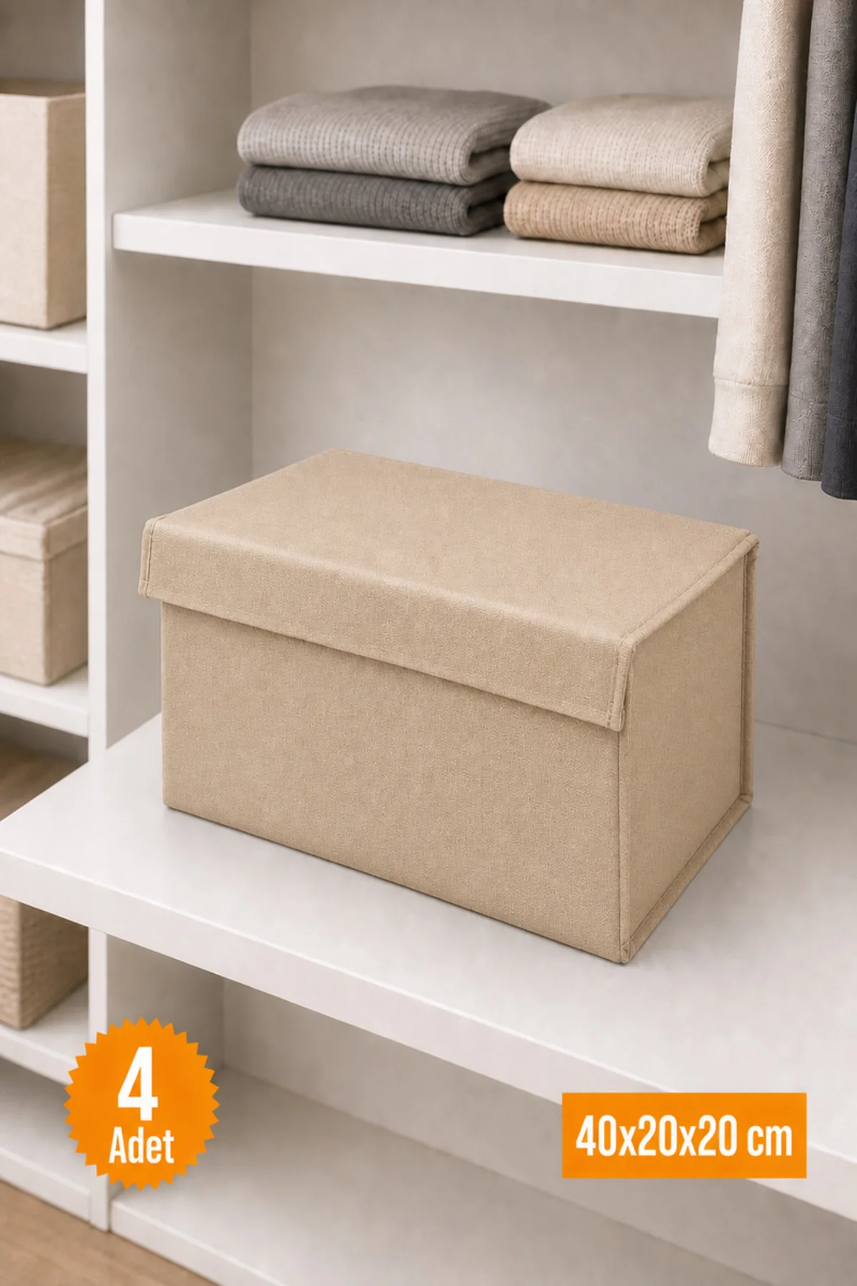 4 Adet Bej Kapaklı Dolap İçi Düzenleyici, Katlanabilir Kıyafet Saklama Kutusu, Raf Düzenleyici Organizer Large 40x20x20cm 4 Adet Bej Kapaklı Dolap İçi Düzenleyici, Katlanabilir Kıyafet Saklama Kutusu, Raf Düzenleyici Organizer Large 40x20x20cm