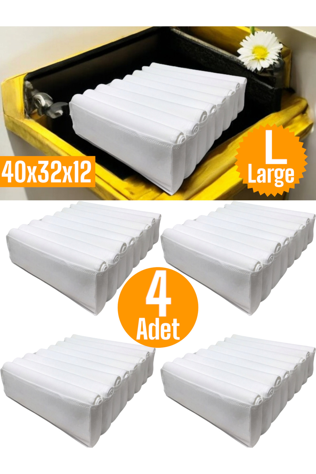 4 Adet Beyaz Akordiyon Tipi Large 8 Gözlü Çekmece İçi Düzenleyici