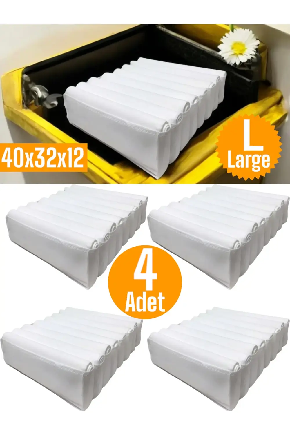 4 Adet Beyaz Akordiyon Tipi Large 8 Gözlü Çekmece İçi Düzenleyici