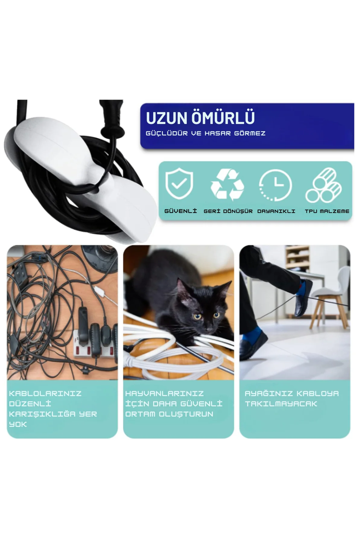 4 Adet BEYAZ/SIYAH RENK Yapışkanlı Airfryer Kablo Düzenleyici Ele