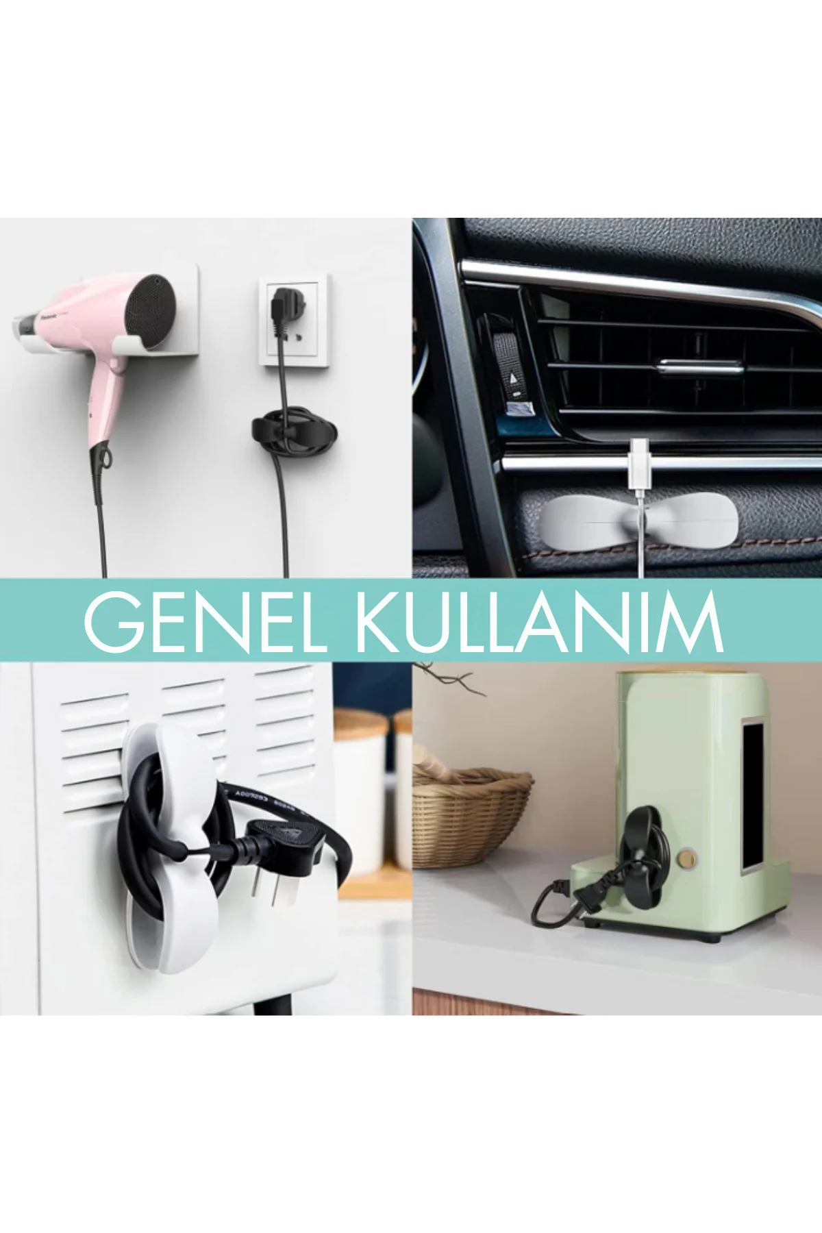 4 Adet BEYAZ/SIYAH RENK Yapışkanlı Airfryer Kablo Düzenleyici Ele