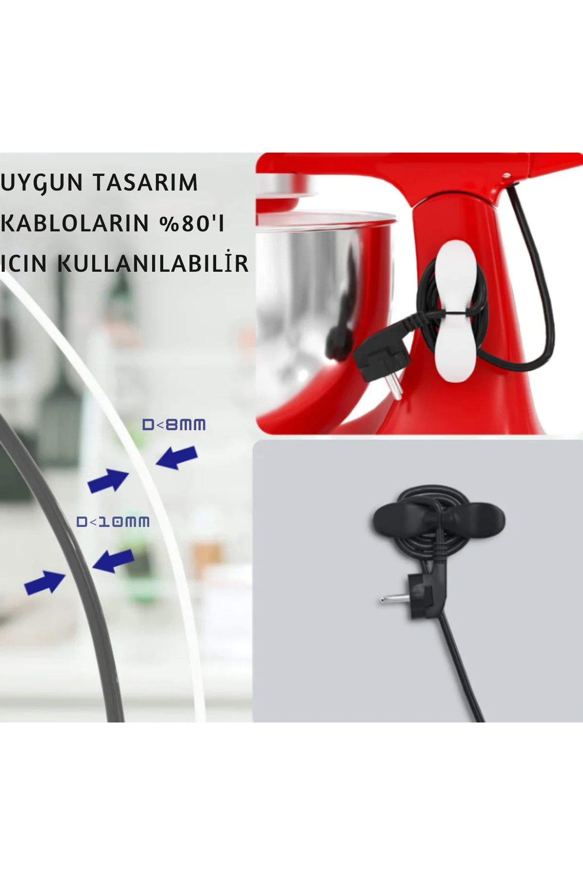 4 Adet BEYAZ/SIYAH RENK Yapışkanlı Airfryer Kablo Düzenleyici Ele