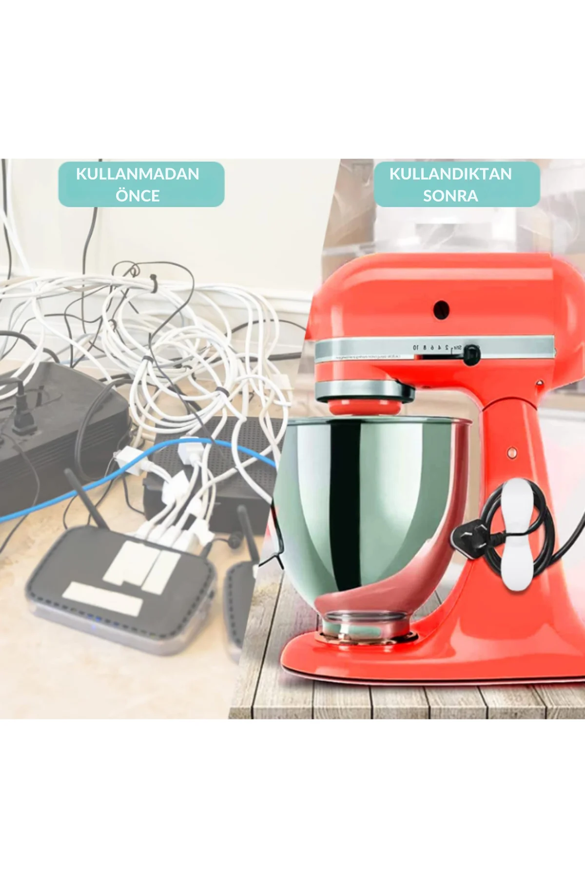 4 Adet BEYAZ/SIYAH RENK Yapışkanlı Airfryer Kablo Düzenleyici Ele