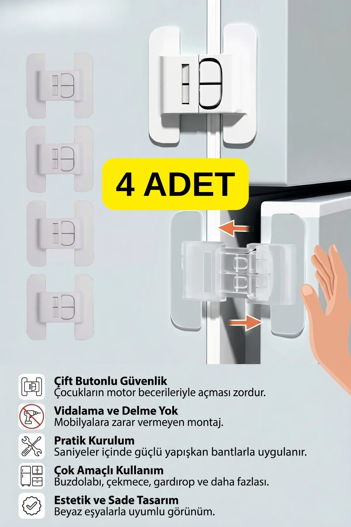 4 Adet Buzdolabı Çekmece Ve Dolap Kapağı Çocuk Kilidi - Çift Buto