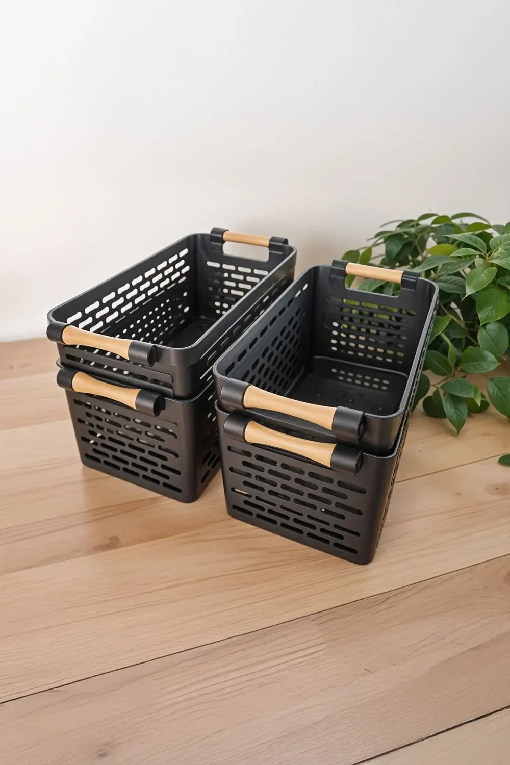 4 Adet Çok Amaçlı Organizer Siyah Sepet Plastik Tutacaklı Dolap İ