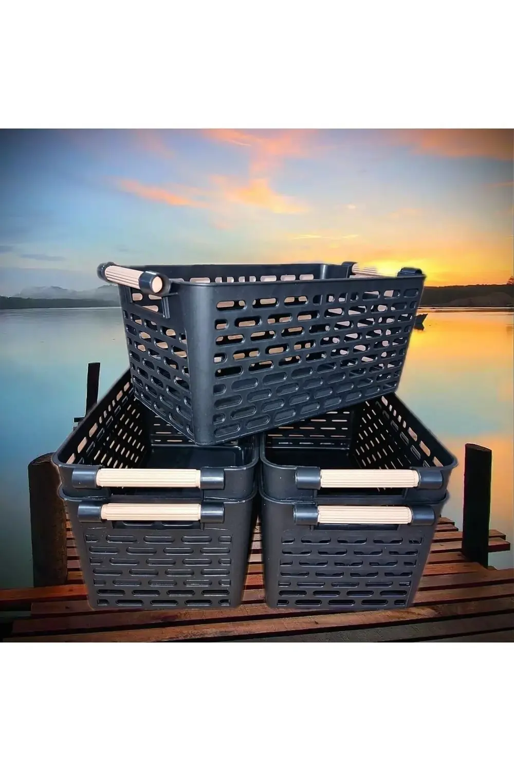 4 Adet Çok Amaçlı Organizer Siyah Sepet Plastik Tutacaklı Dolap İ