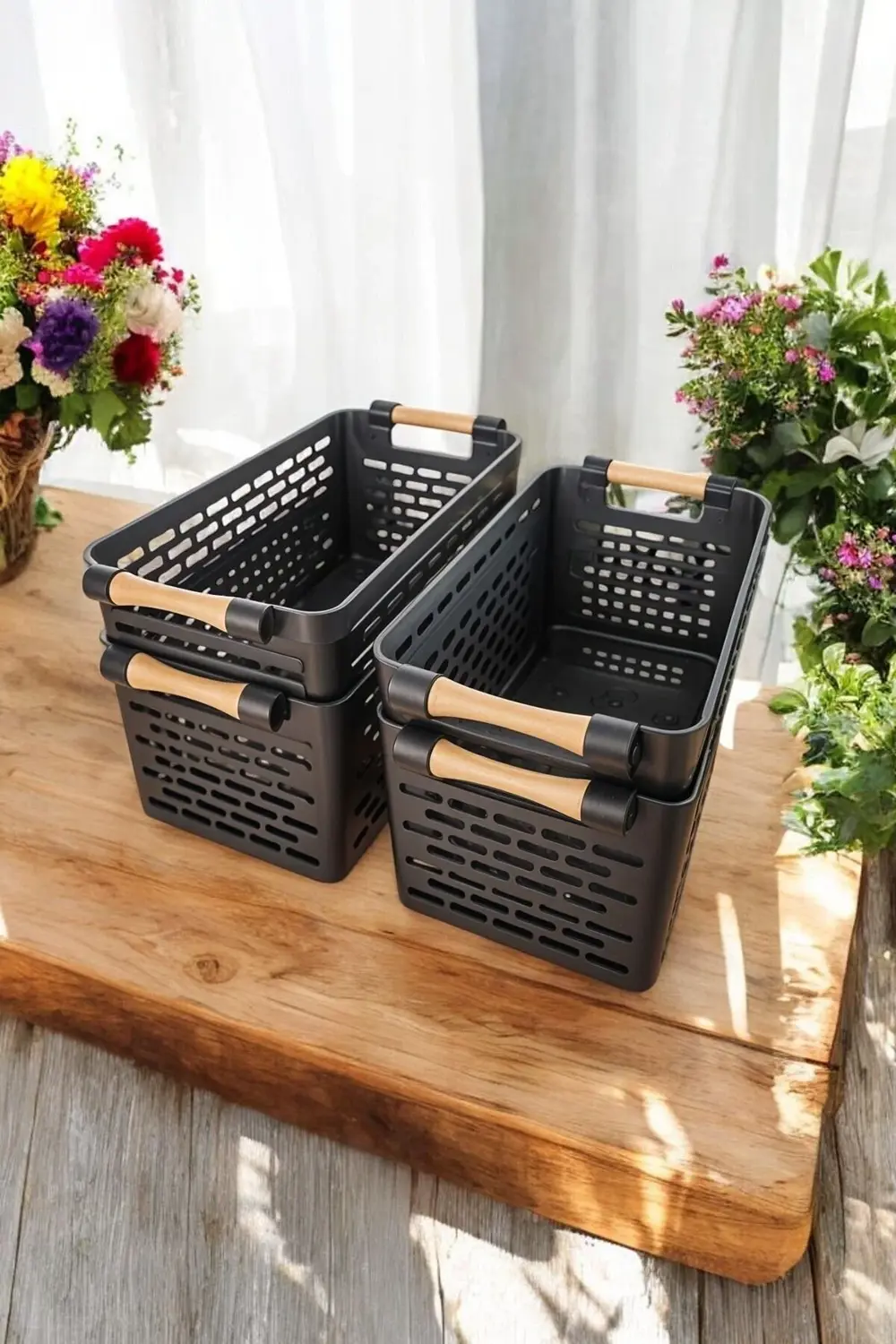 4 Adet Çok Amaçlı Organizer Siyah Sepet Plastik Tutacaklı Dolap İ