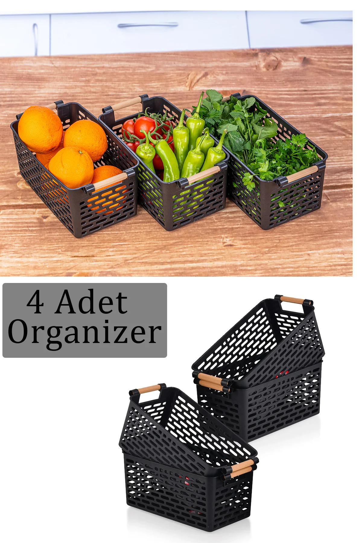 4 Adet - Çok Amaçlı Plastik Tutacaklı Organizer Sepet Dolap Içi Ç