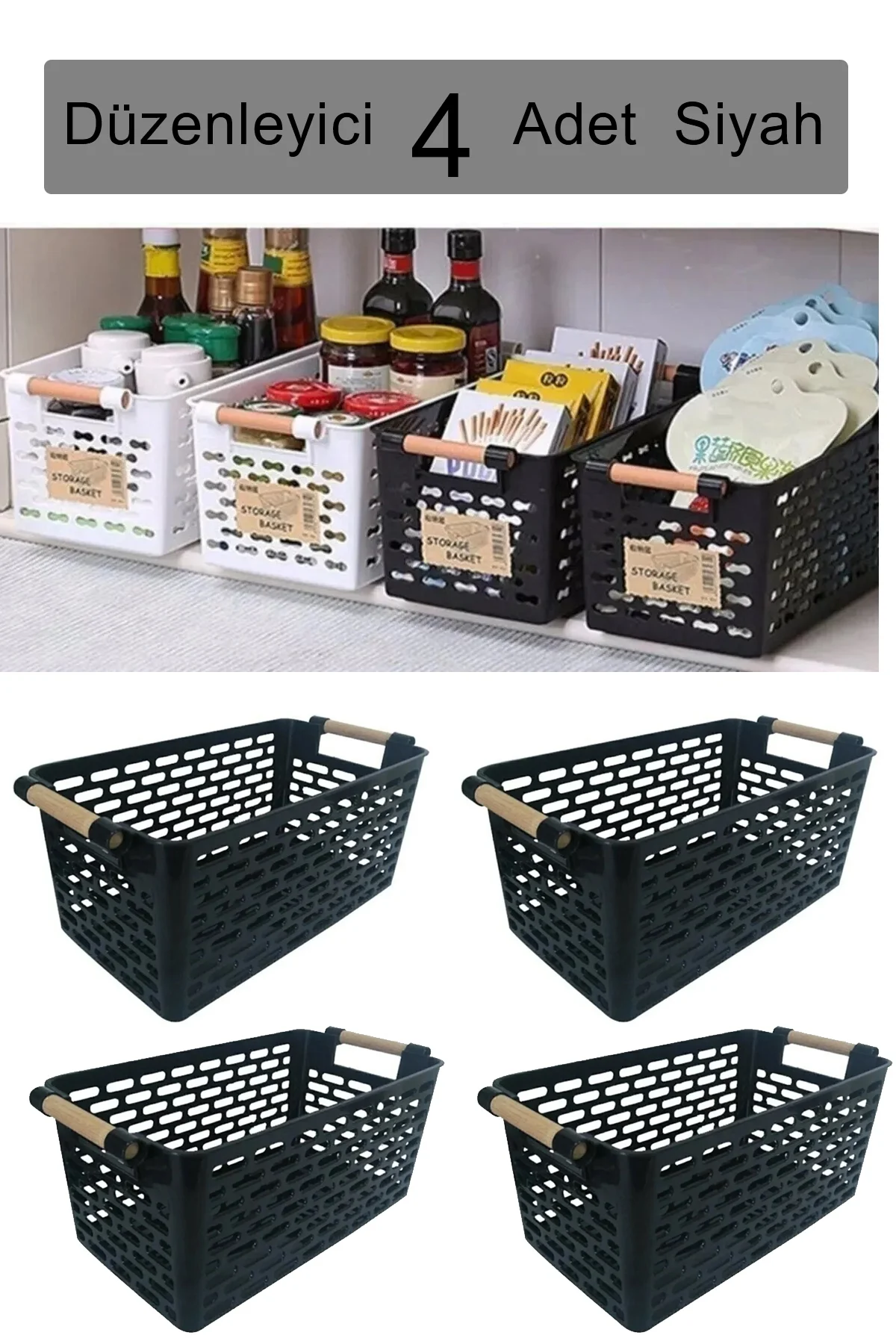 4 Adet - Çok Amaçlı Plastik Tutacaklı Organizer Sepet Dolap Içi Ç