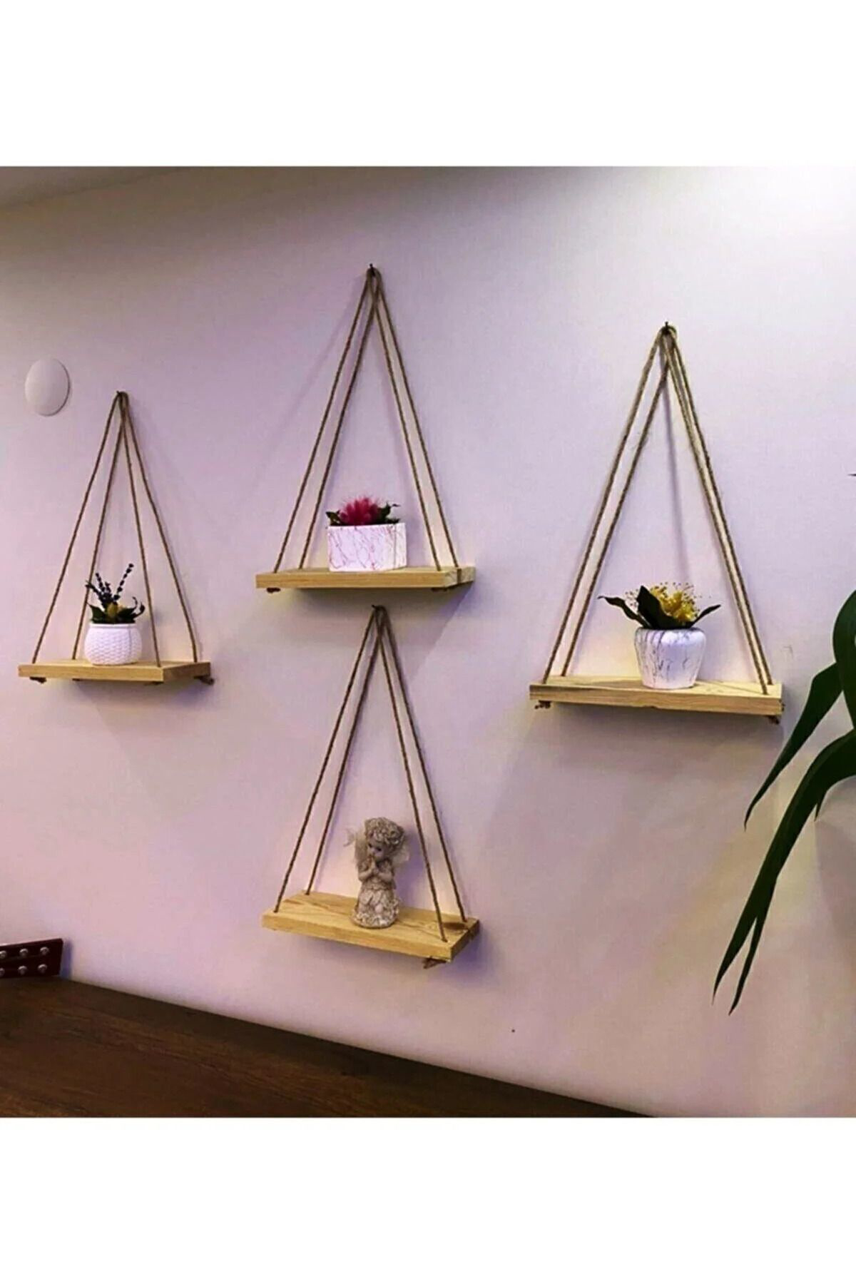 4 Adet Dekoratif Ahşap Halatlı Duvar Rafı Kitaplık & Çiçeklik Uça