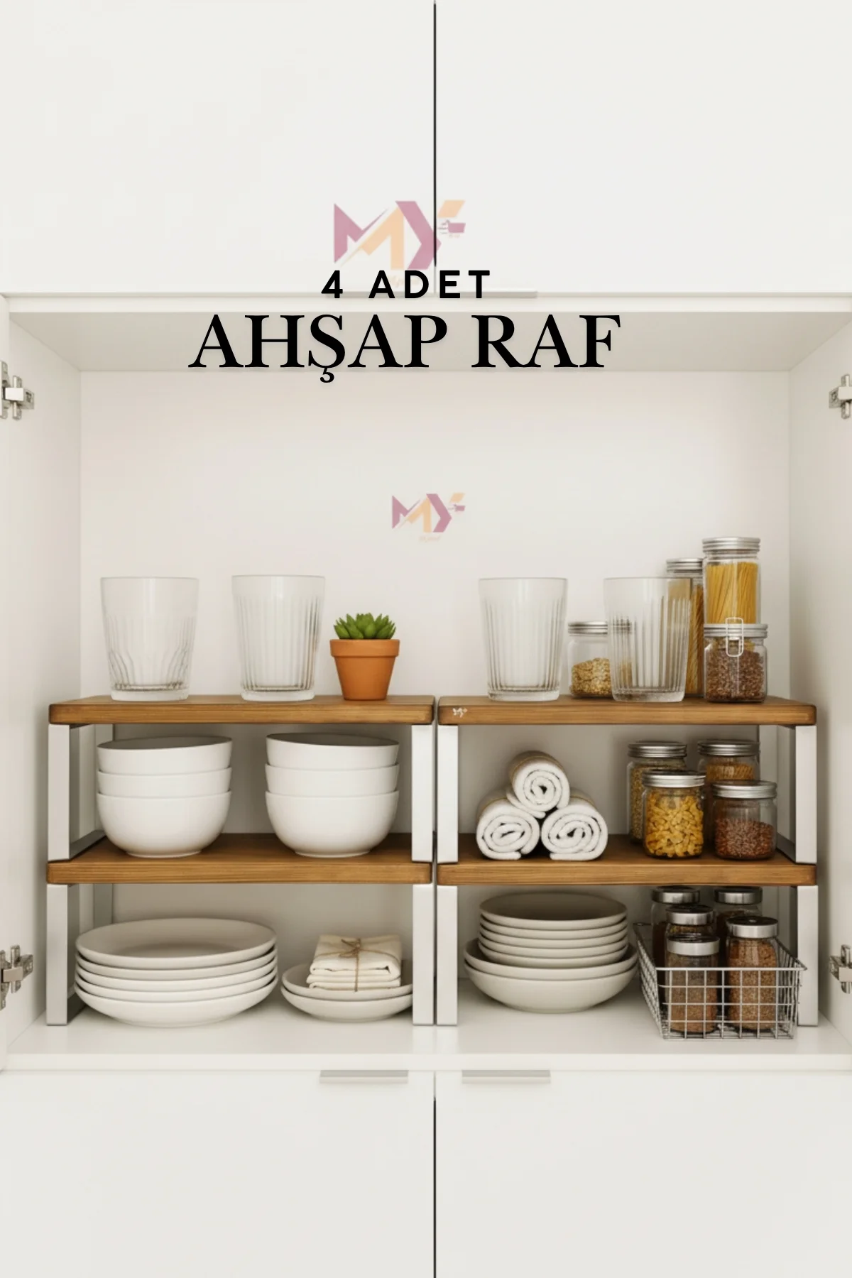 4 Adet Doğal Ahşap Dolap İçi Düzenleyici Raf Metal Ayaklı Tezgah 