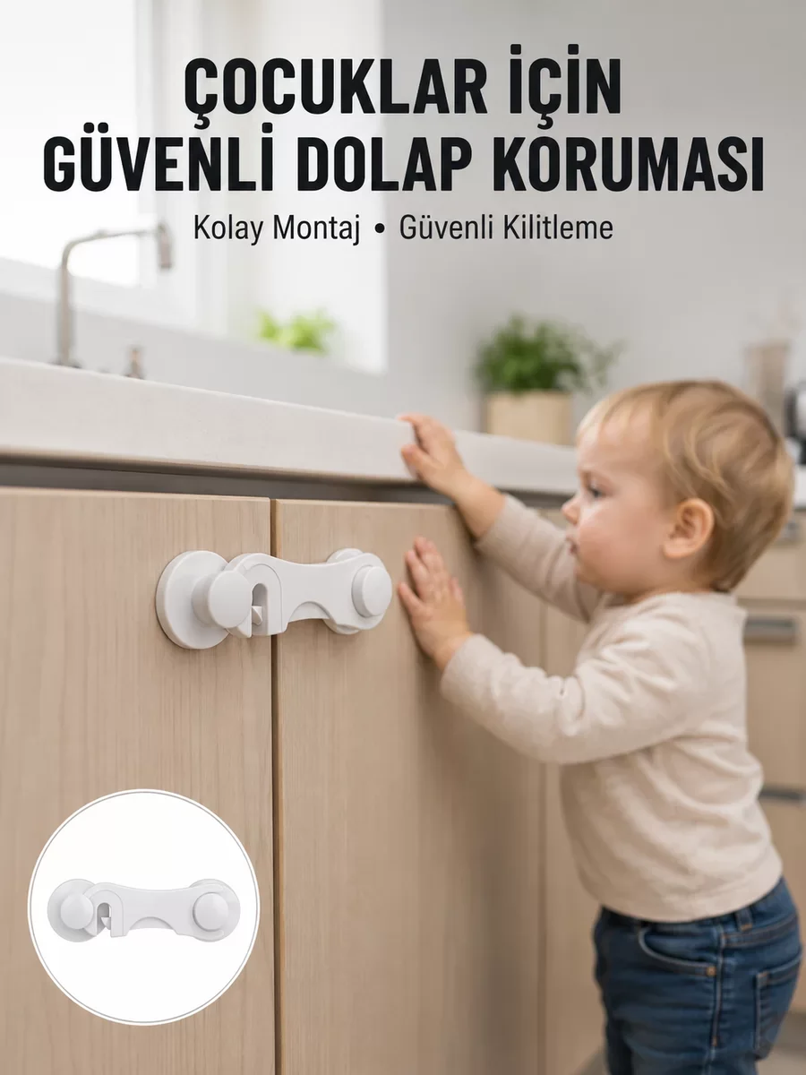 4 Adet Dolap ve Çekmece Emniyet Kilidi Çift Taraflı Bantlı Güvenli Tasarım Yeni Nesil