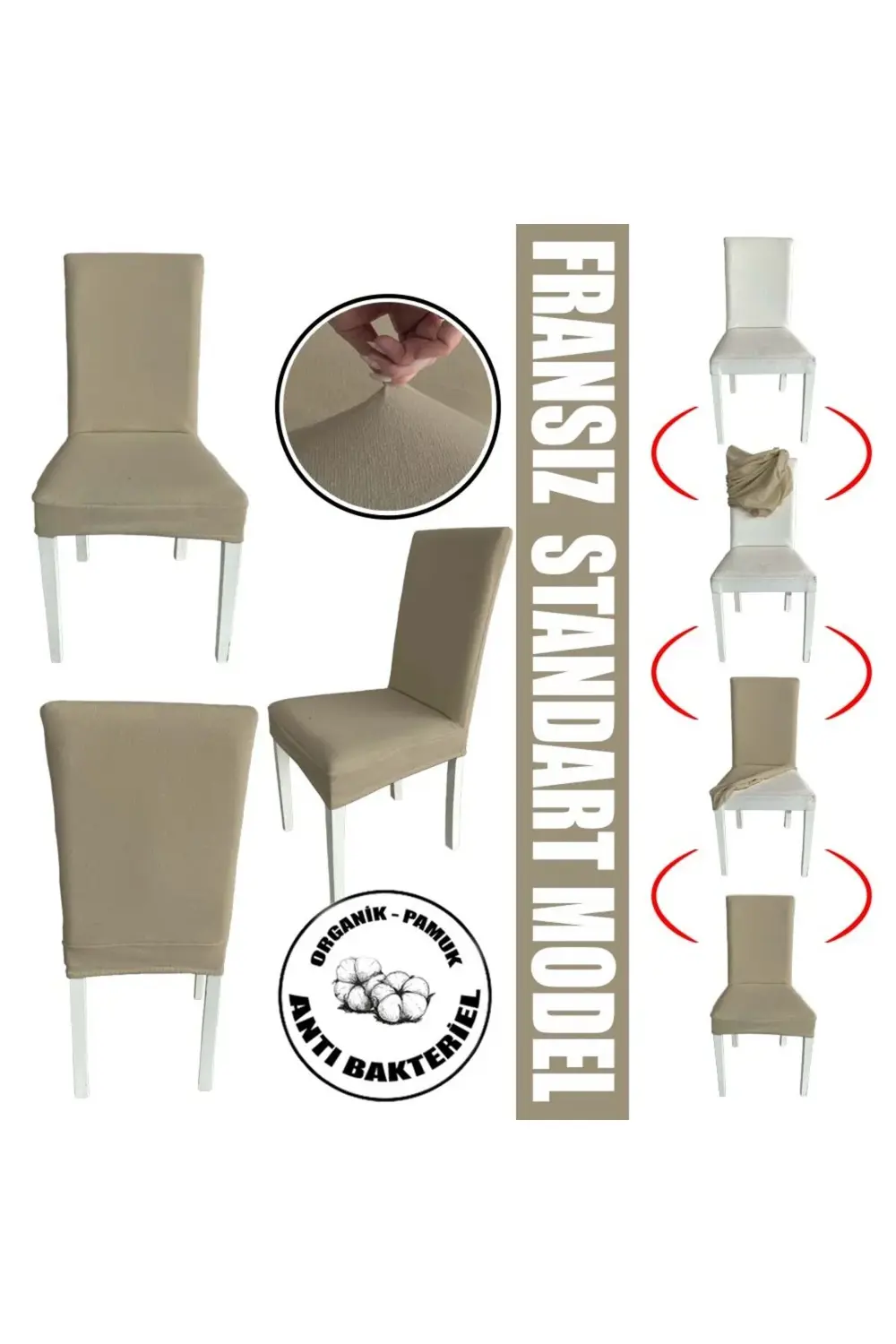 4 Adet Fransız Pamuklu Kumaş Salon Tipi Sandalye Kılıfı & Sandaly