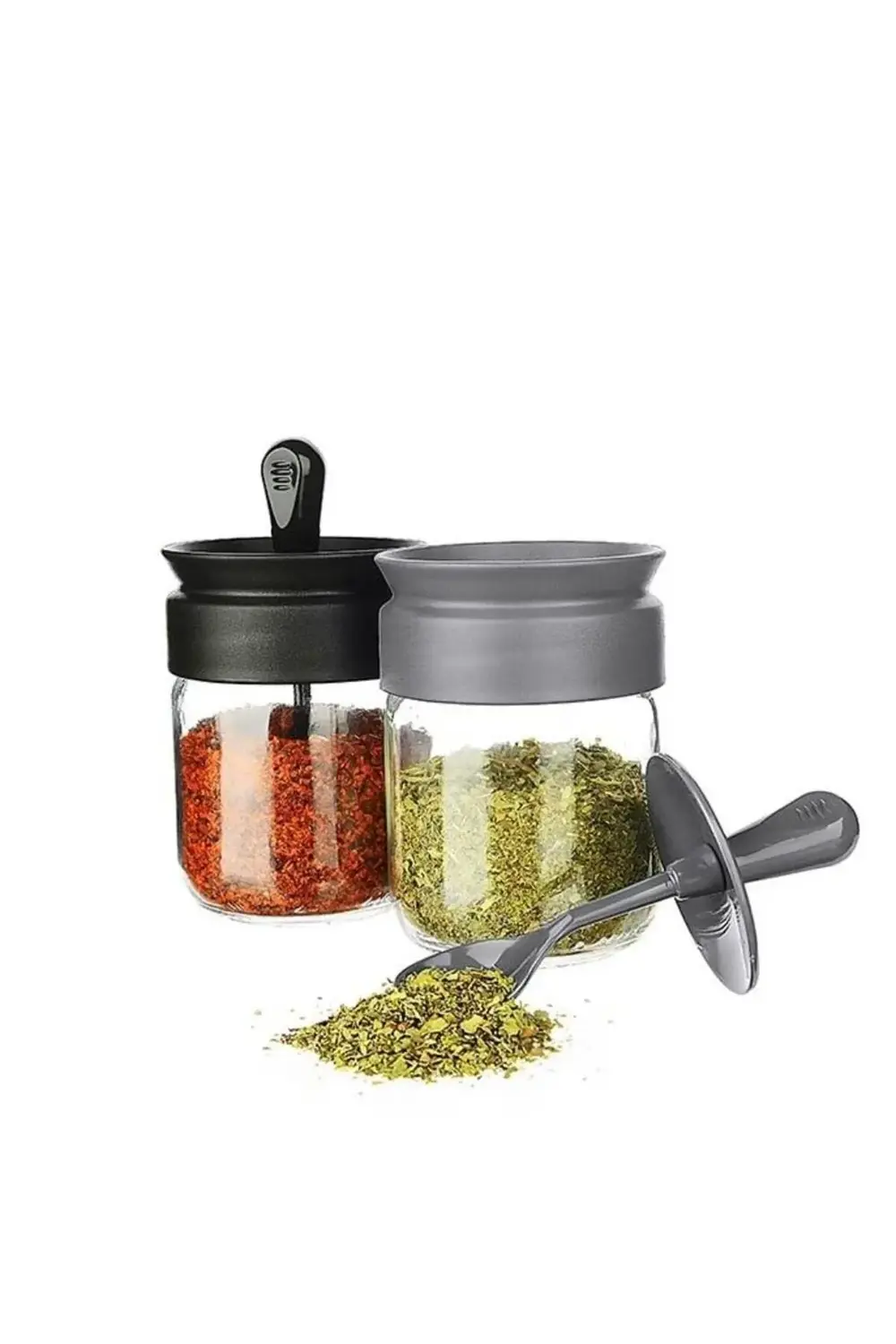 4 Adet Gri Baharatlık, Cam Kaşıklı Baharatlık, Kaşıklı Baharat Sa