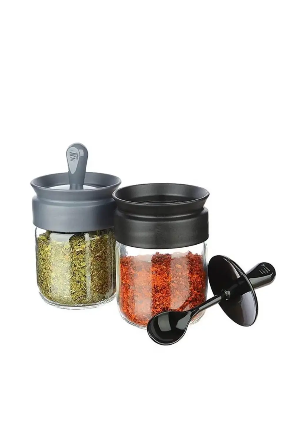 4 Adet Gri Baharatlık, Cam Kaşıklı Baharatlık, Kaşıklı Baharat Sa