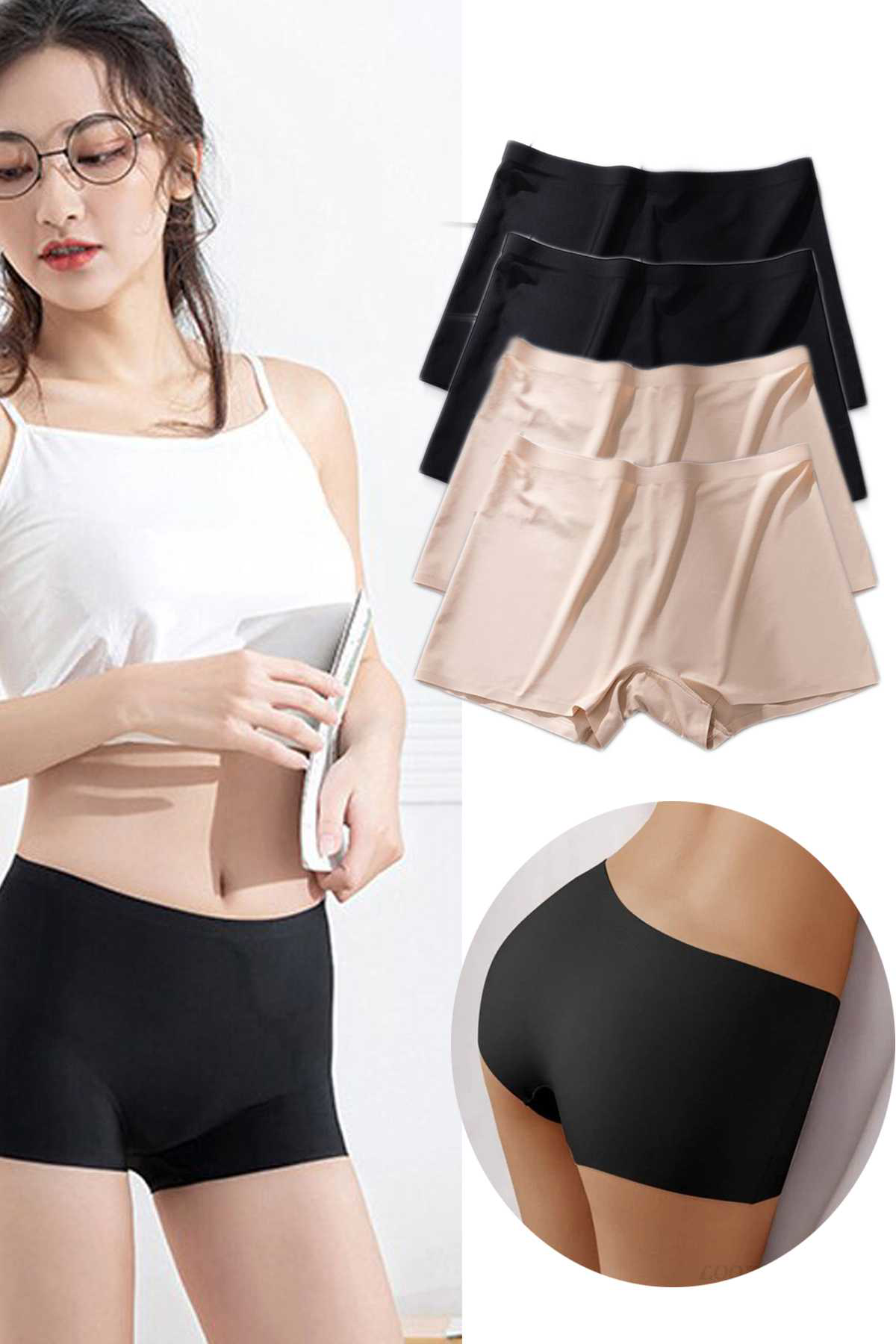 Just Cheap Store 4 Adet Kadin Dikişsiz Görünmez İz Yapmaz Mini Şort Boxer Siyah Te