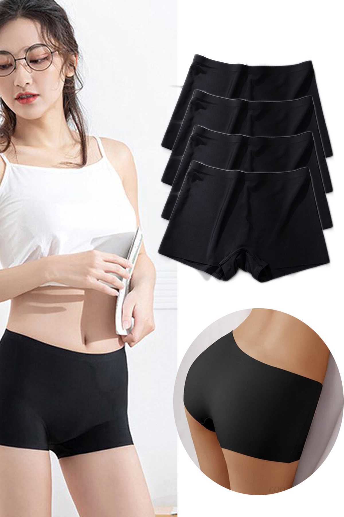 Just Cheap Store 4 Adet Kadin Dikişsiz Görünmez İz Yapmaz Mini Şort Boxer Siyah