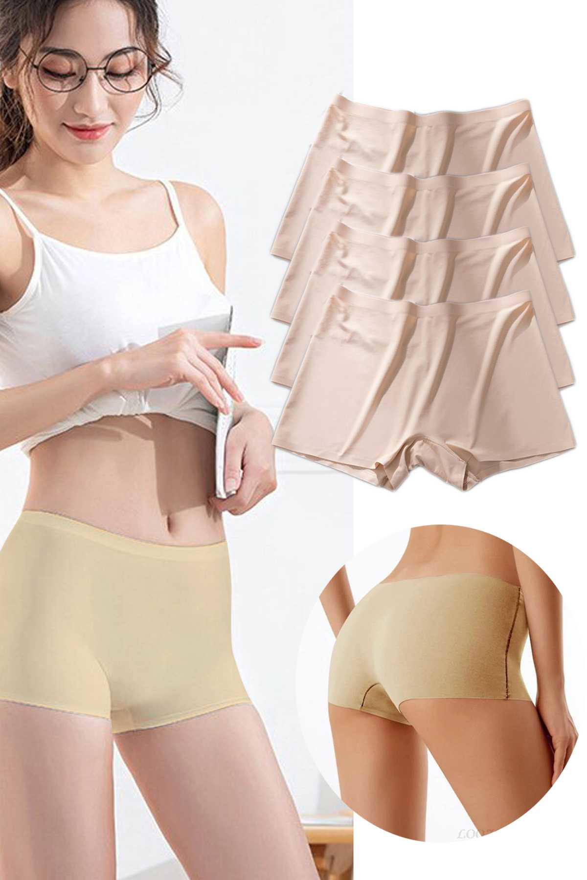 Just Cheap Store 4 Adet Kadin Dikişsiz Görünmez İz Yapmaz Mini Şort Boxer Ten
