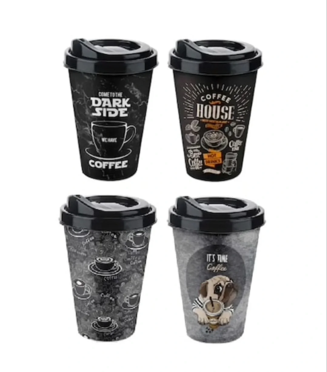4 Adet Kahve Bardağı Kapaklı Desenli 650ml 4 Adet Kahve Bardağı Kapaklı Desenli 650ml