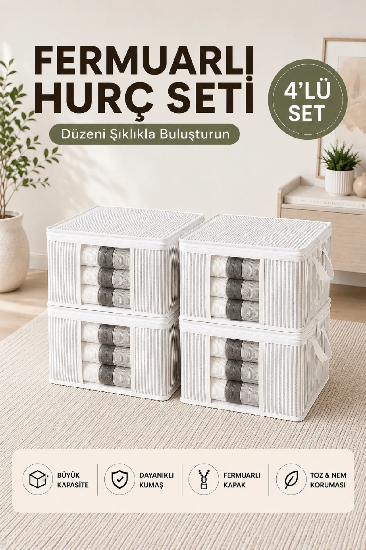 4 Adet Lüks Pencereli Çok Amaçlı Dolap Düzenleyici Hurç Çorap Hurcu 34 x 22 x 22 cm