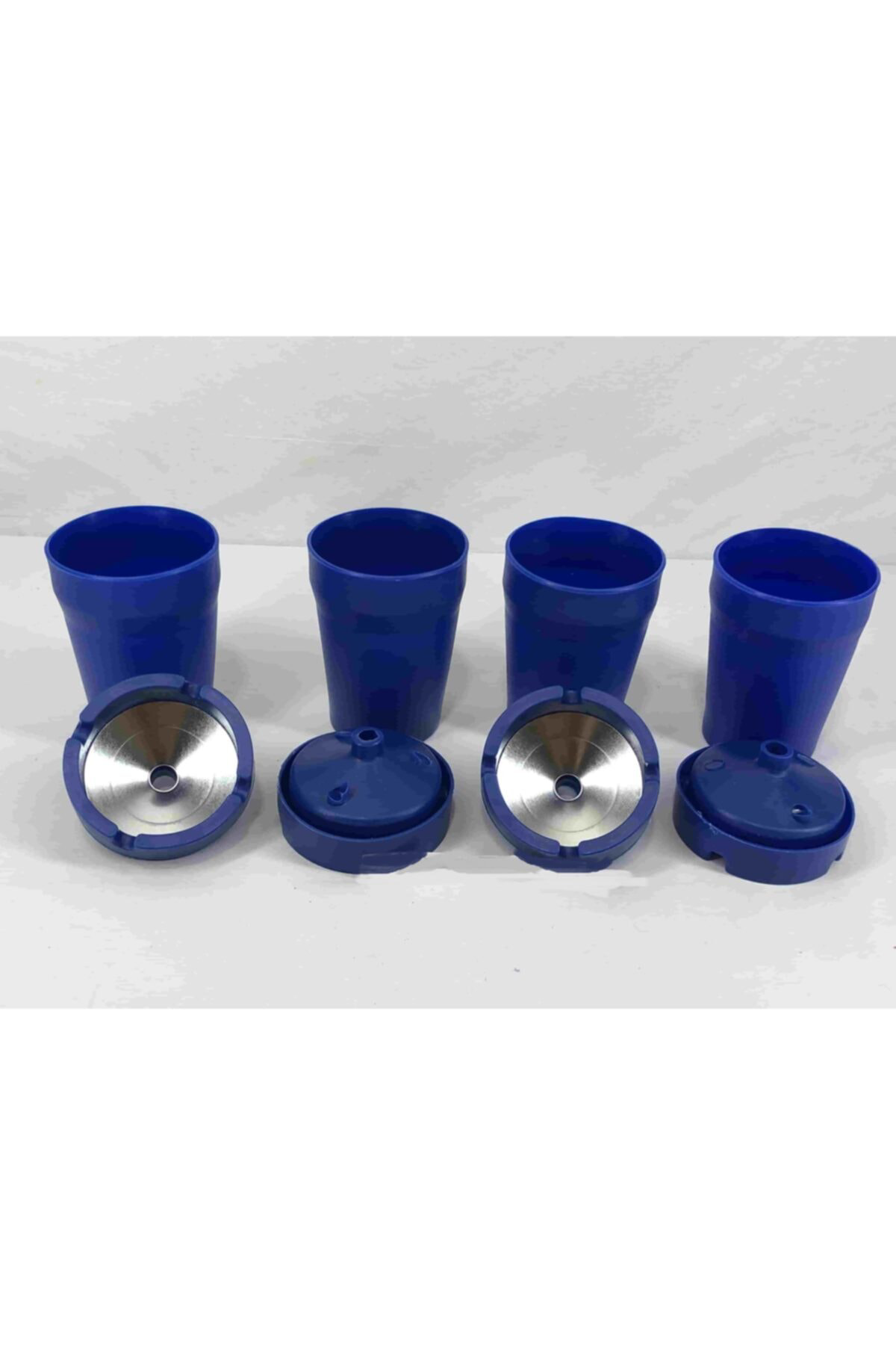 4 Adet Mavi Kül Tablası Yanmaz Kırılmaz Plastik Özel Metal Ağızlı