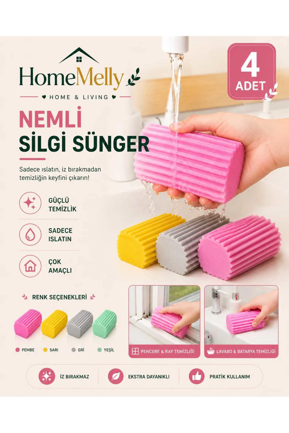4 Adet Mutfak Ve Banyo Temizlik Süngeri Çok Amaçlı Toz Su Kir Emici Sünger