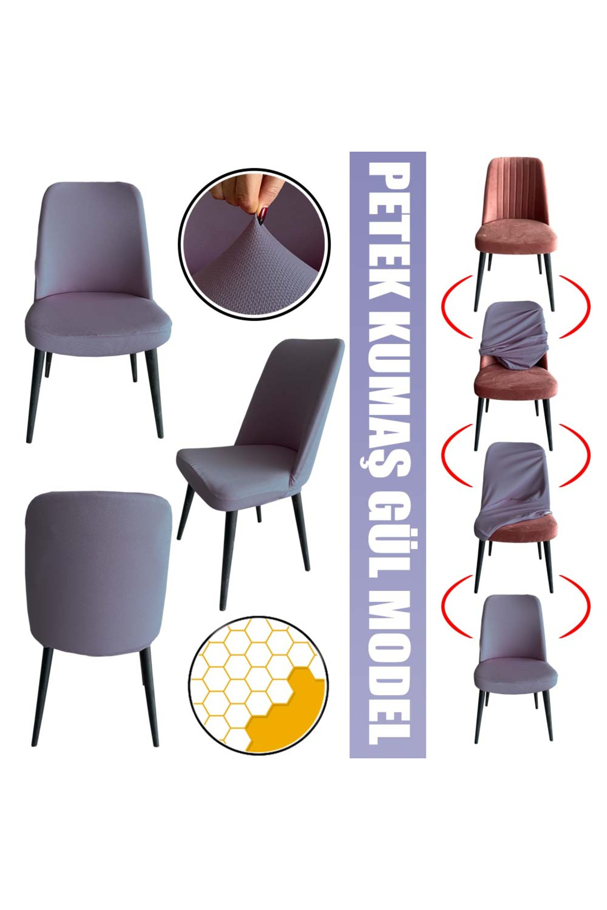 Home 4 Adet Petek Kumaş Gül Tipi Sandalye Kılıfı & Sandalye Örtüsü Set