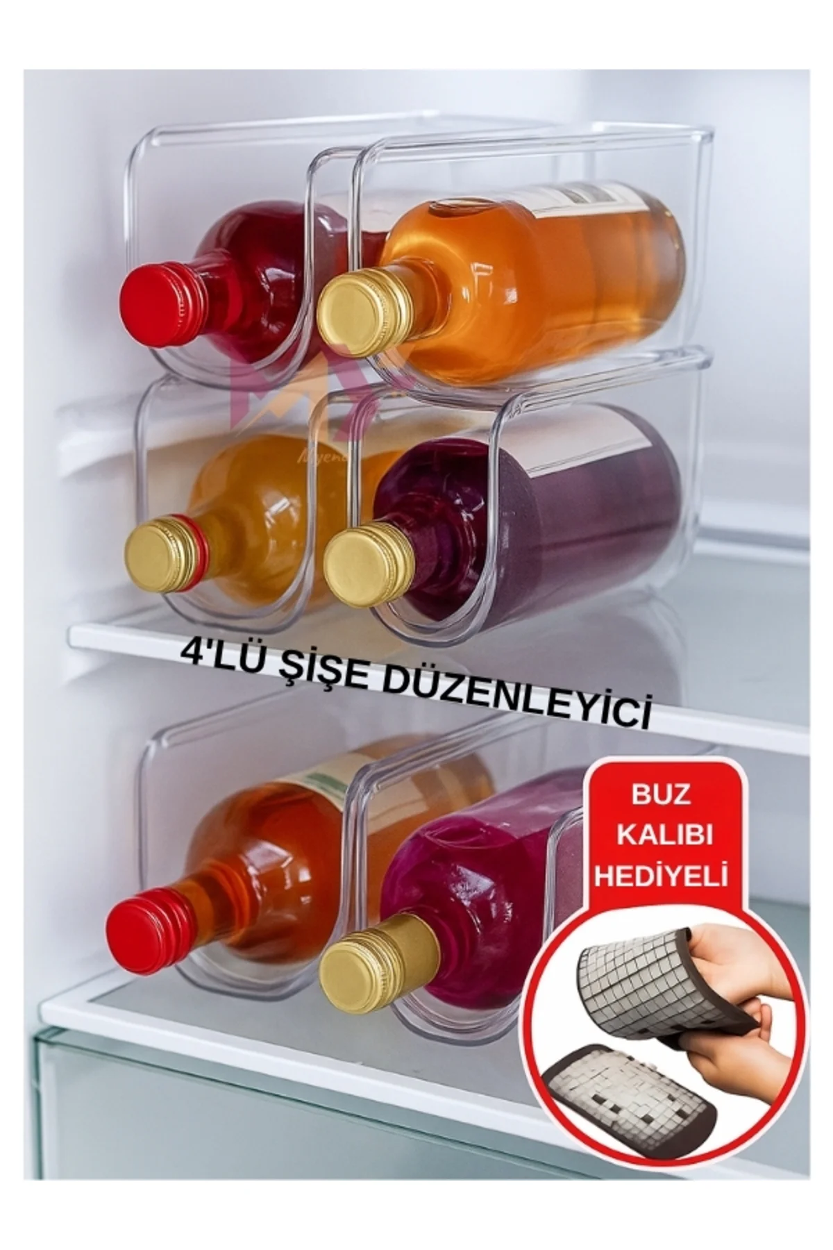 4 Adet Şeffaf Buzdolabı Şişe Düzenleme Organizeri Mutfak Şişe Düz