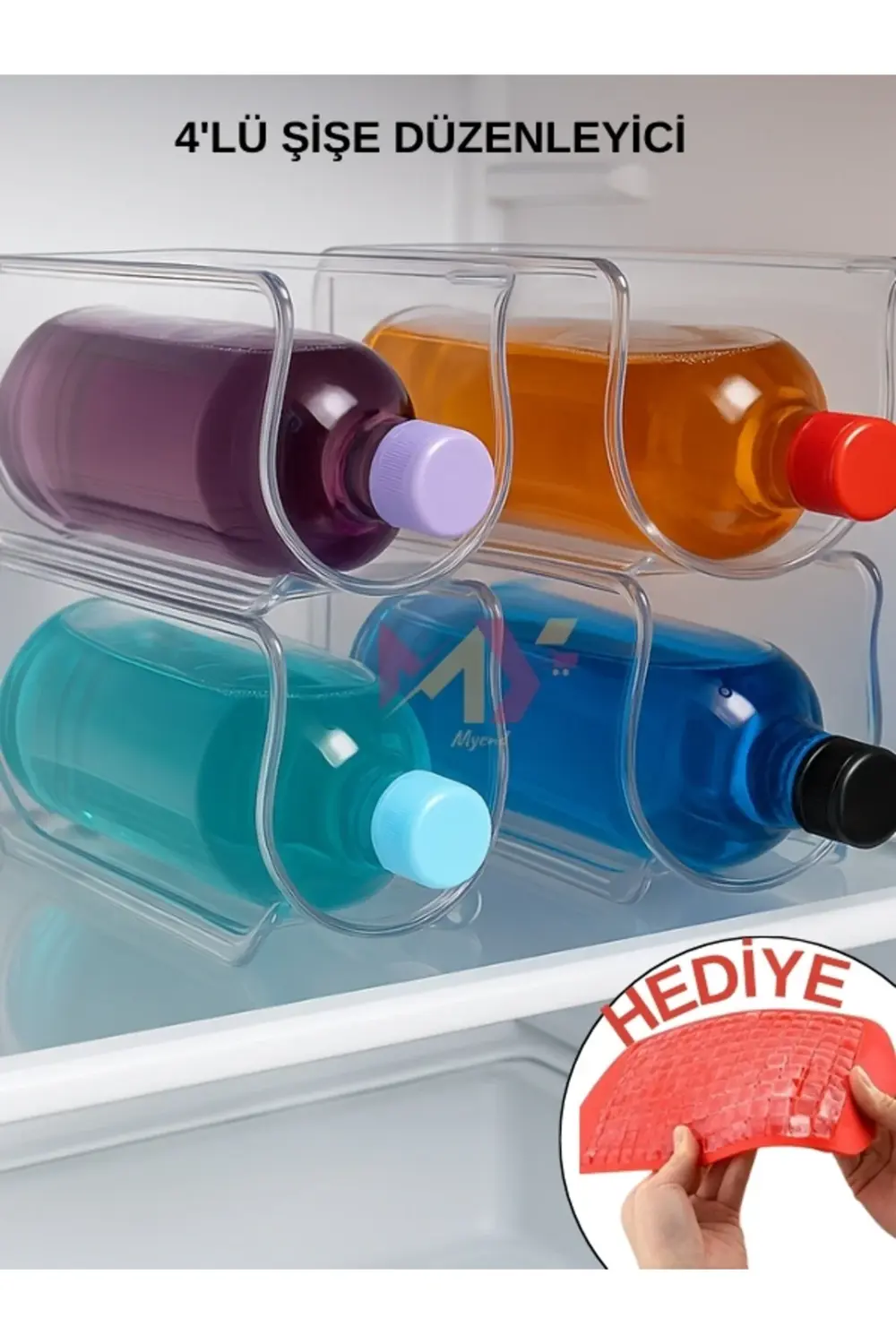 4 Adet Şeffaf Buzdolabı Şişe Düzenleme Organizeri Mutfak Şişe Düz