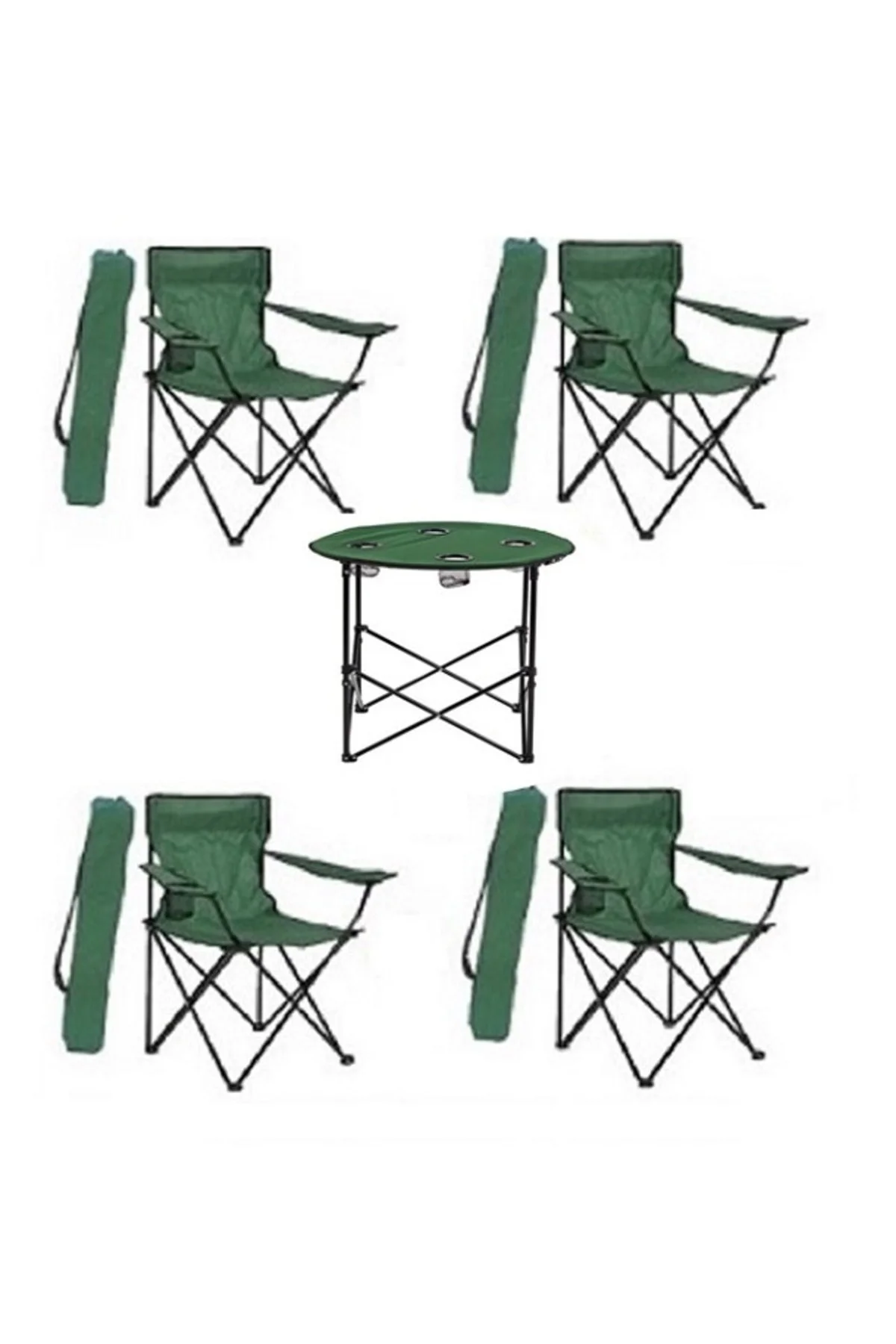 4 Adet Yeşil Katlanır Kamp Sandalyesi 1 Adet Masa Piknik Çantalı