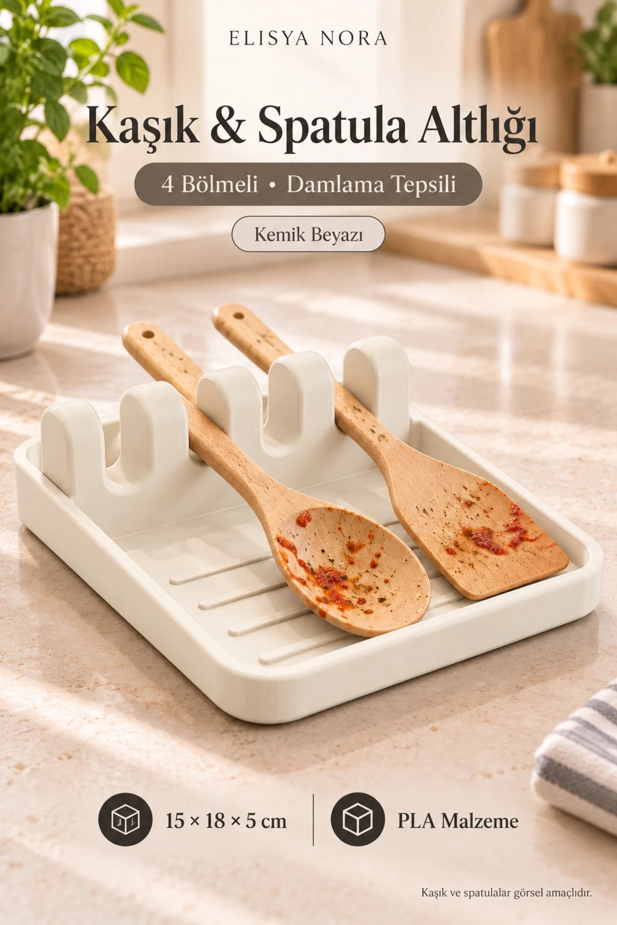 4 Bölmeli Beyaz Kaşık ve Spatula Altlığı – Damlama Tepsili Tezgâh Düzenleyici - Görsel 2