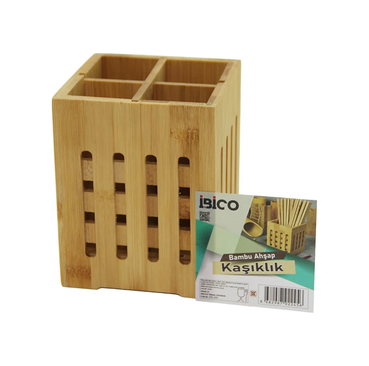 4 Bölmeli Büyük - Pencereli Kare 11x11cm Ahşap Bambu Kaşıklık Org