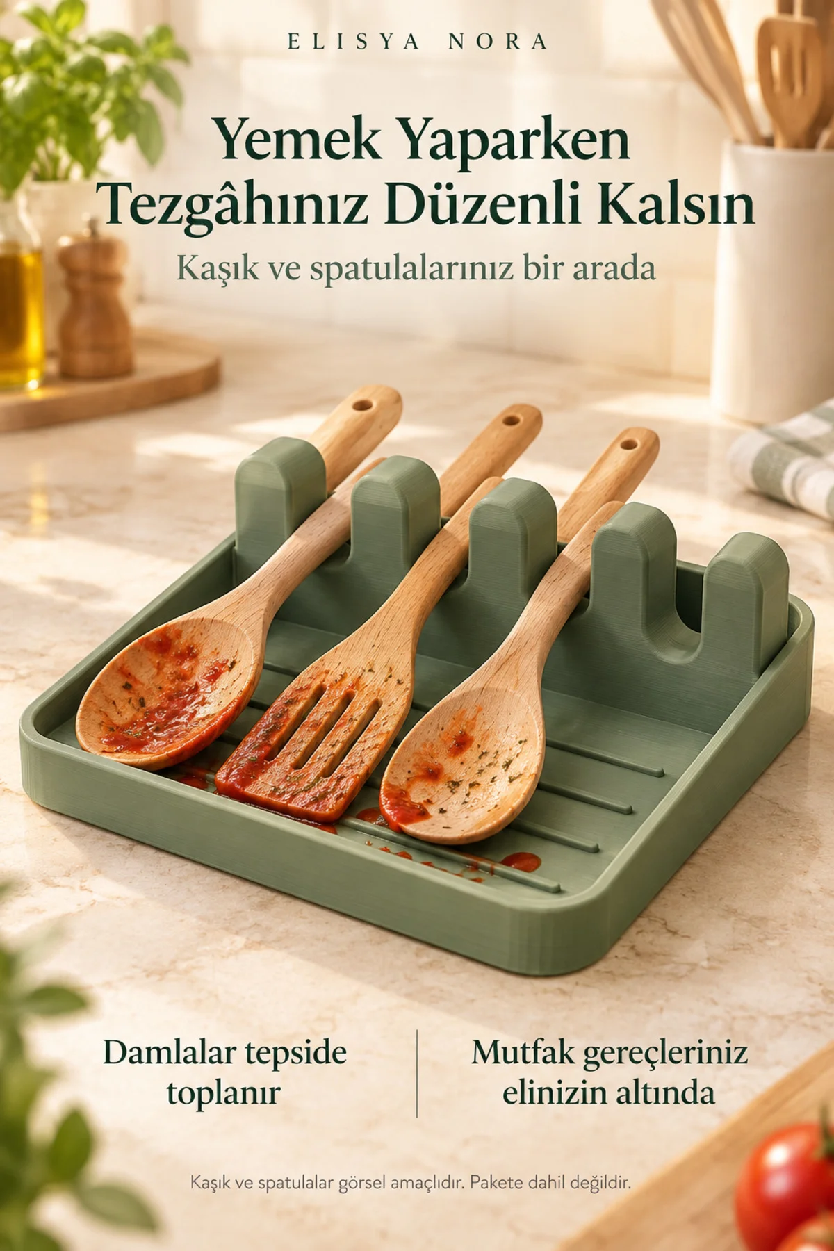 4 Bölmeli Kaşık ve Spatula Altlığı – Damlama Tepsili Tezgâh Düzenleyici - Görsel 6