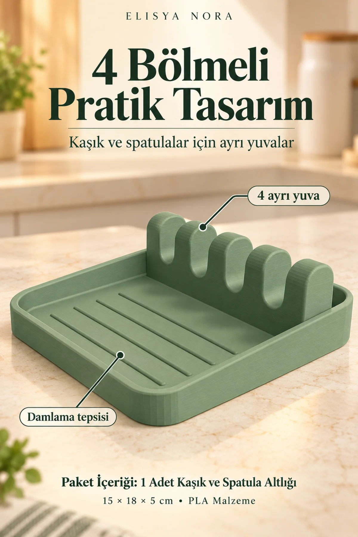 4 Bölmeli Kaşık ve Spatula Altlığı – Damlama Tepsili Tezgâh Düzenleyici - Görsel 4